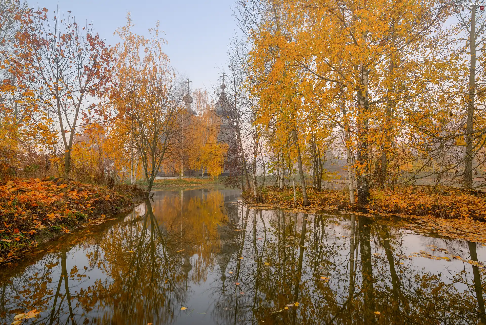 Cerkiew, autumn, viewes, birch, trees, Pond - car