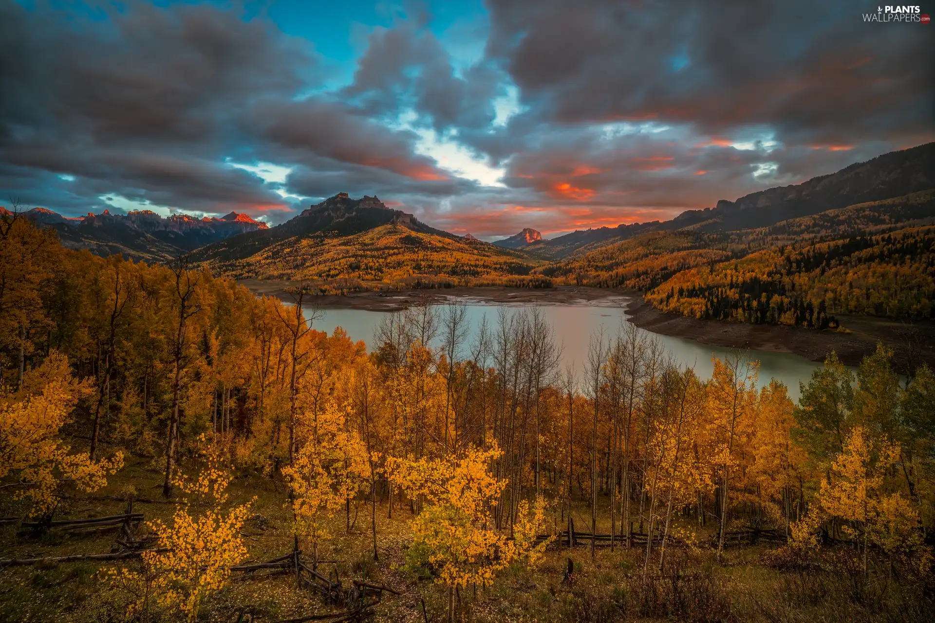 trees, lake, autumn, forest, Mountains, viewes, clouds