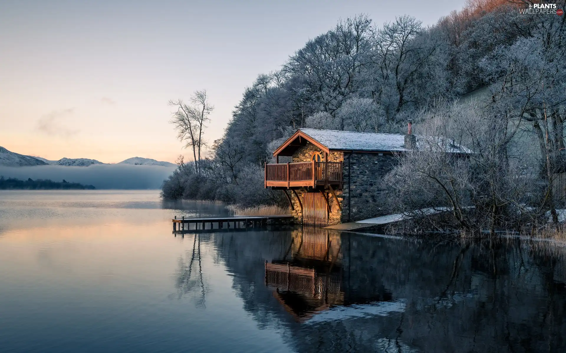Mountains, house, viewes, Platform, trees, lake, winter, frosty