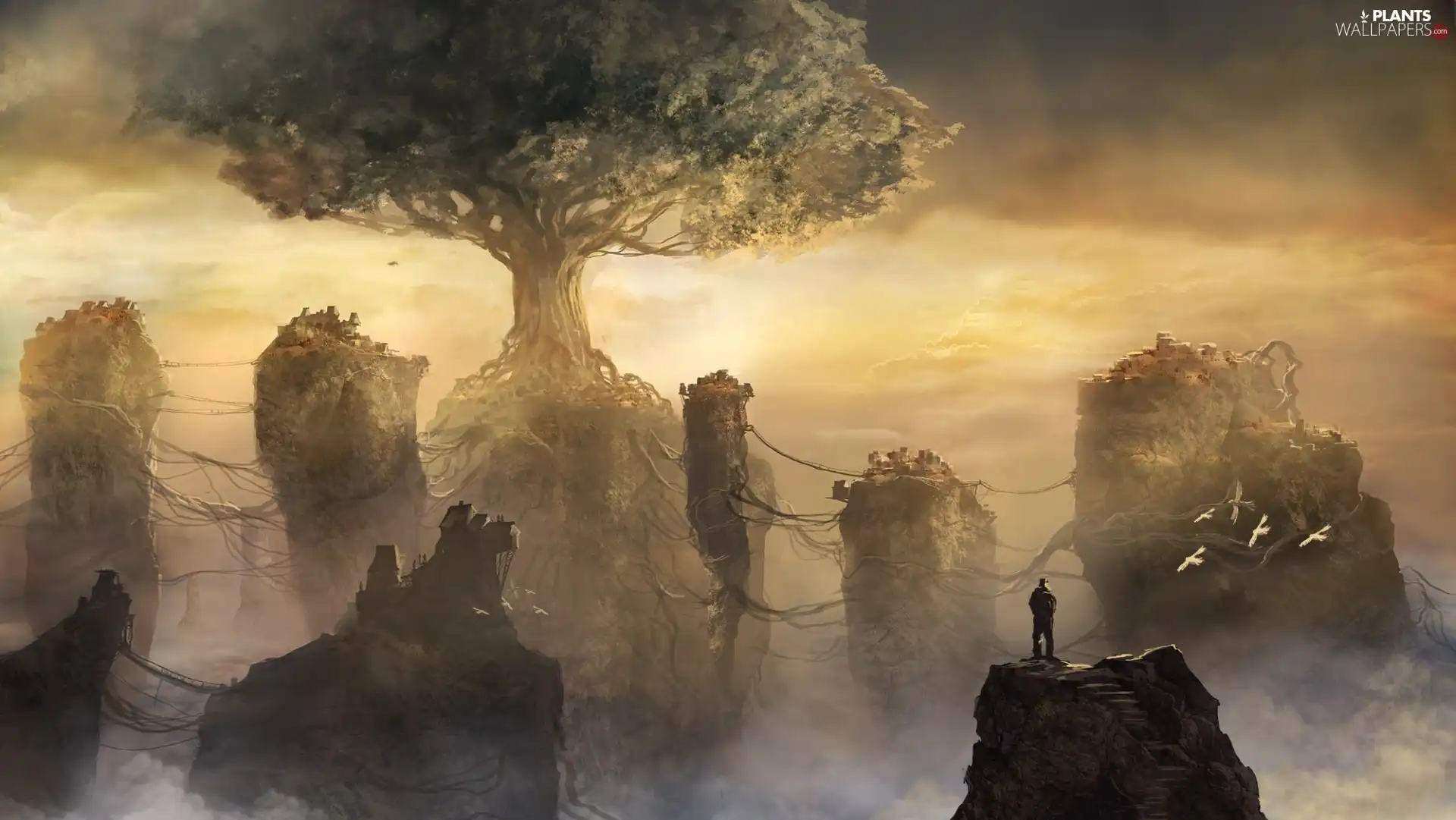 Human, fantasy, rocks, Fog, trees