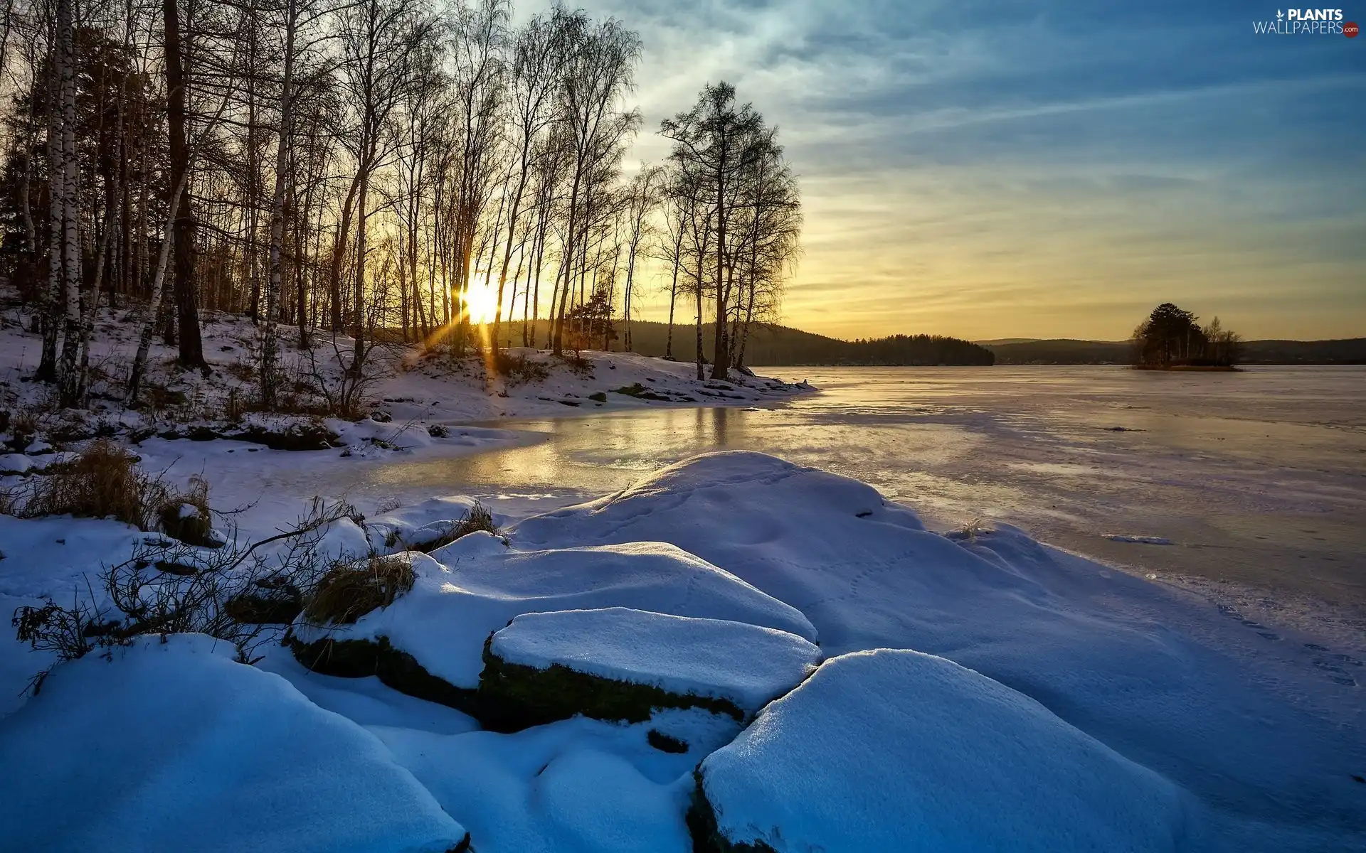 Snowy, winter, Stones, rays of the Sun, viewes, birch, lake, trees, frozen