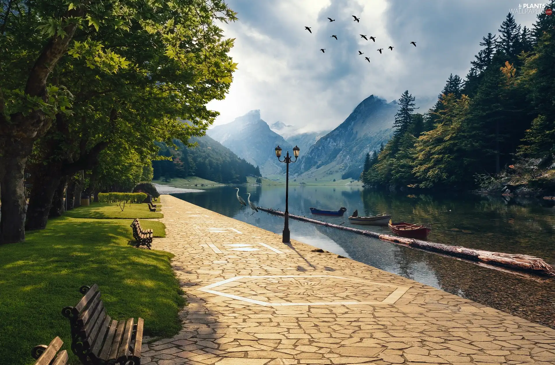 Mountains, lake, trees, viewes, Lighthouse, photomontage, bench, Pavement, Lawn