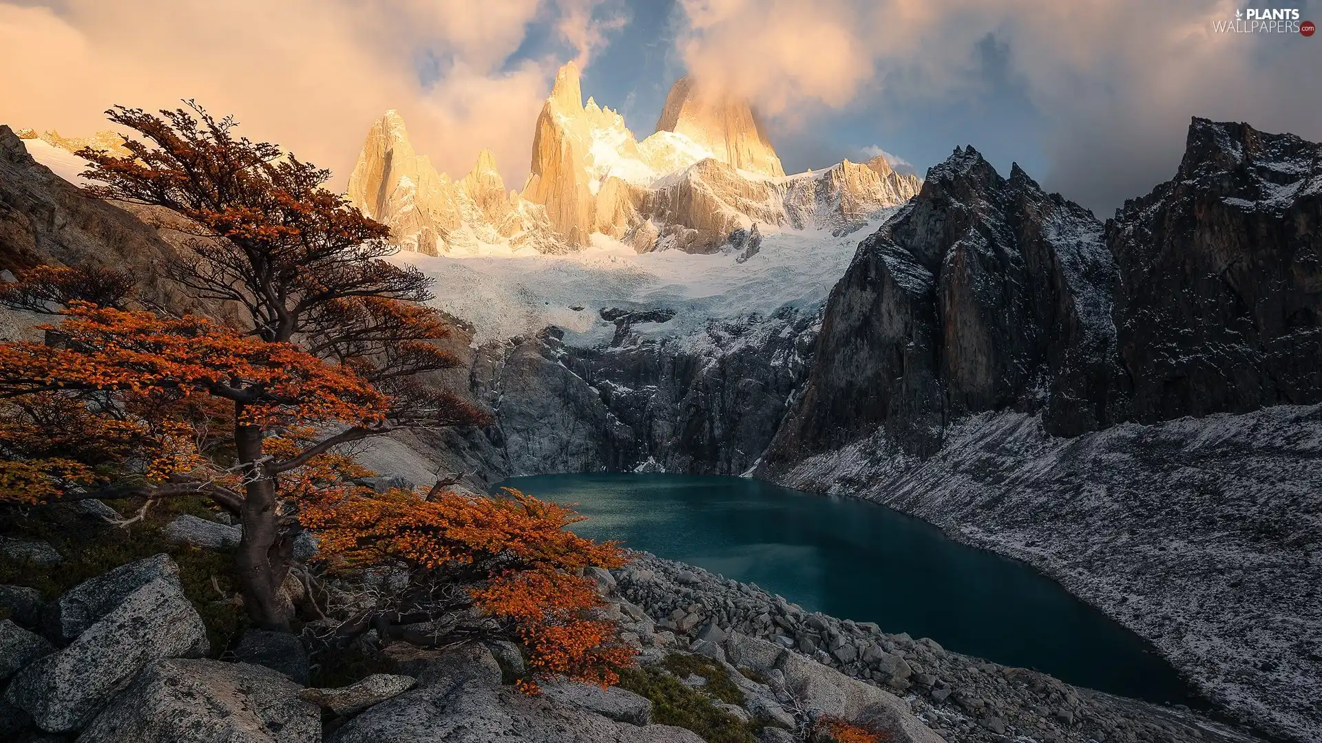 Mountains, mount, clouds, Fitz Roy, trees, Patagonia, Argentina, lake