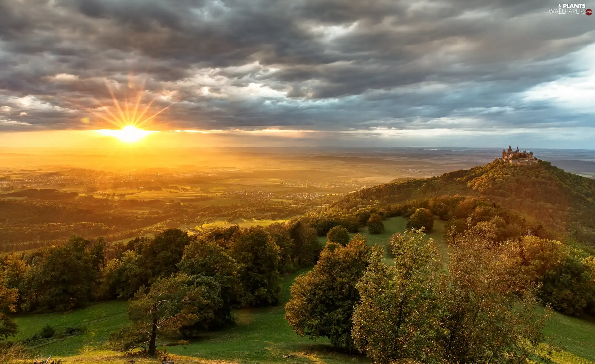 Hohenzollern Castle, Hohenzollern Mountain, trees, viewes, Baden-Württemberg, Germany, clouds, The Hills, Sunrise