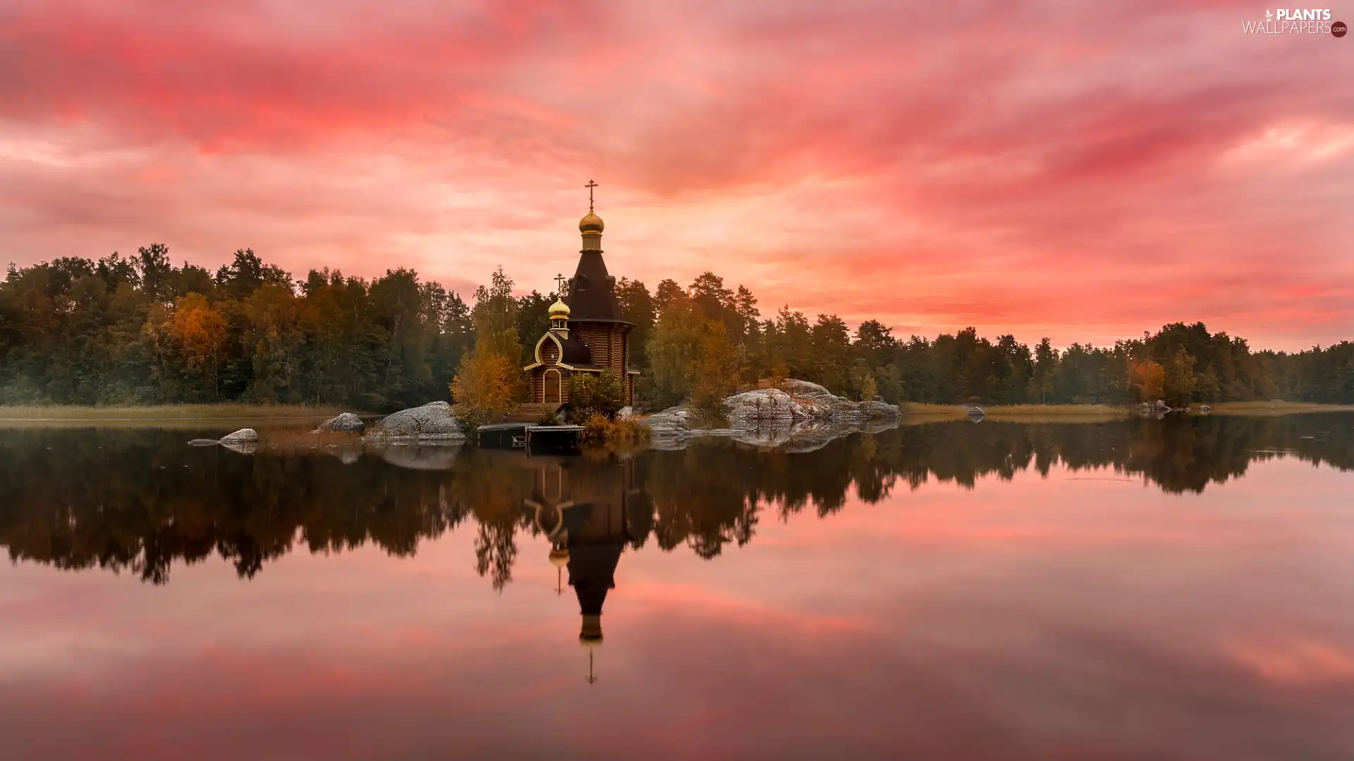 St. Andrew the Apostle Catholic Church, trees, Russia, viewes, Kaliningrad Oblast, Cerkiew, Vuoksi River, Sunrise