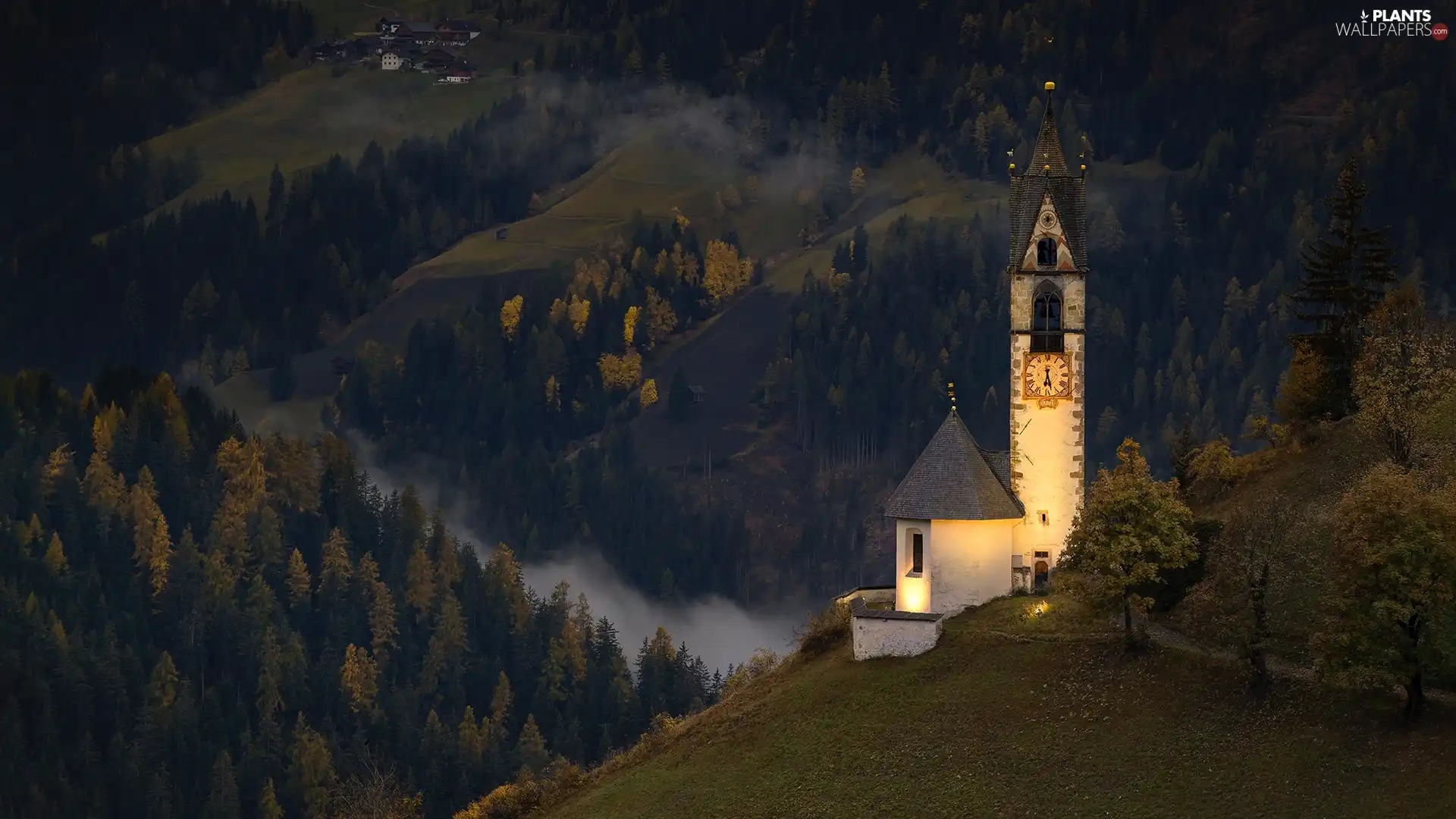 South Tyrol, Italy, Dolomites, Mountains, Night, Church, viewes, Fog, trees