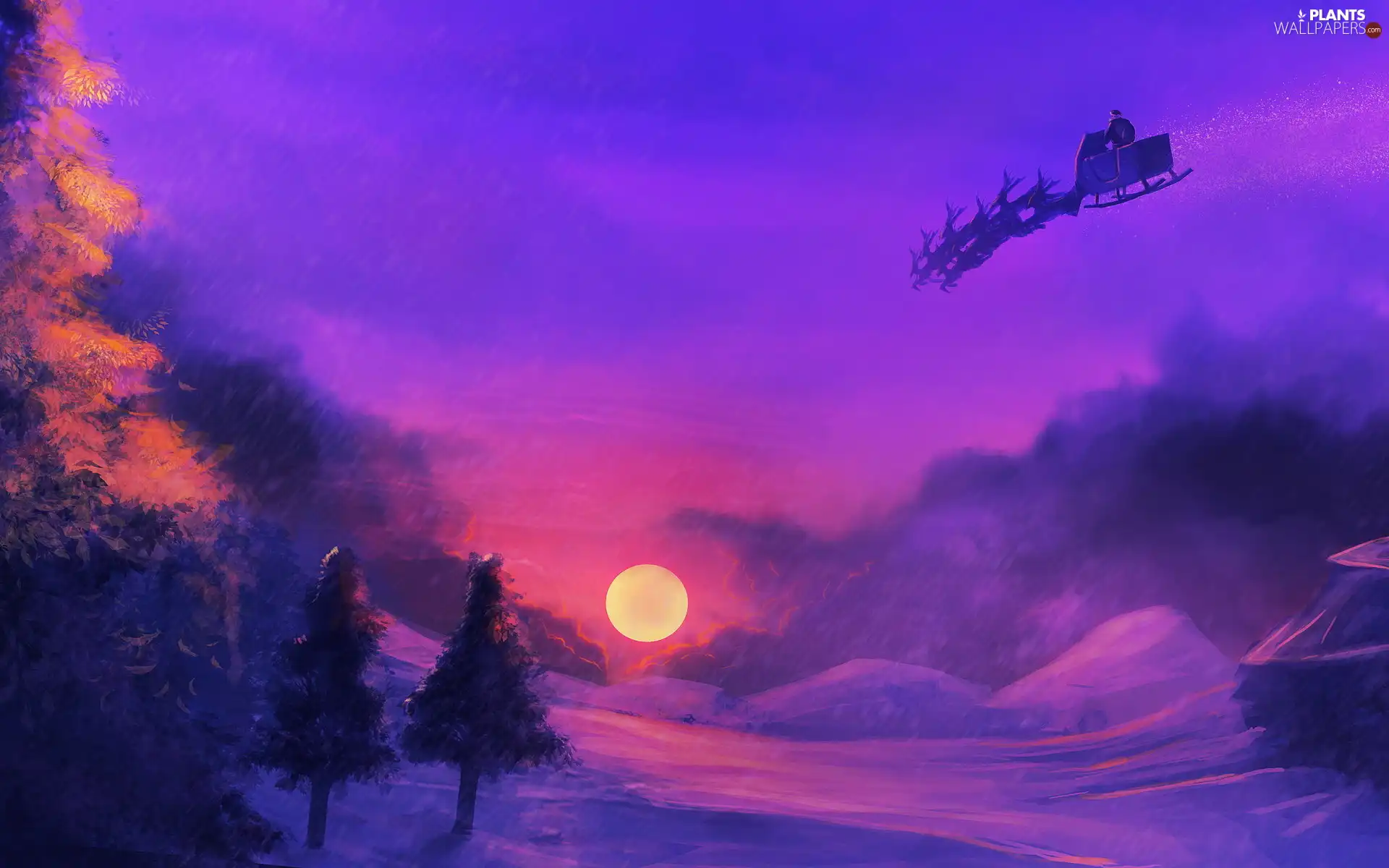 viewes, winter, Santa, trees, Night, sleigh, graphics