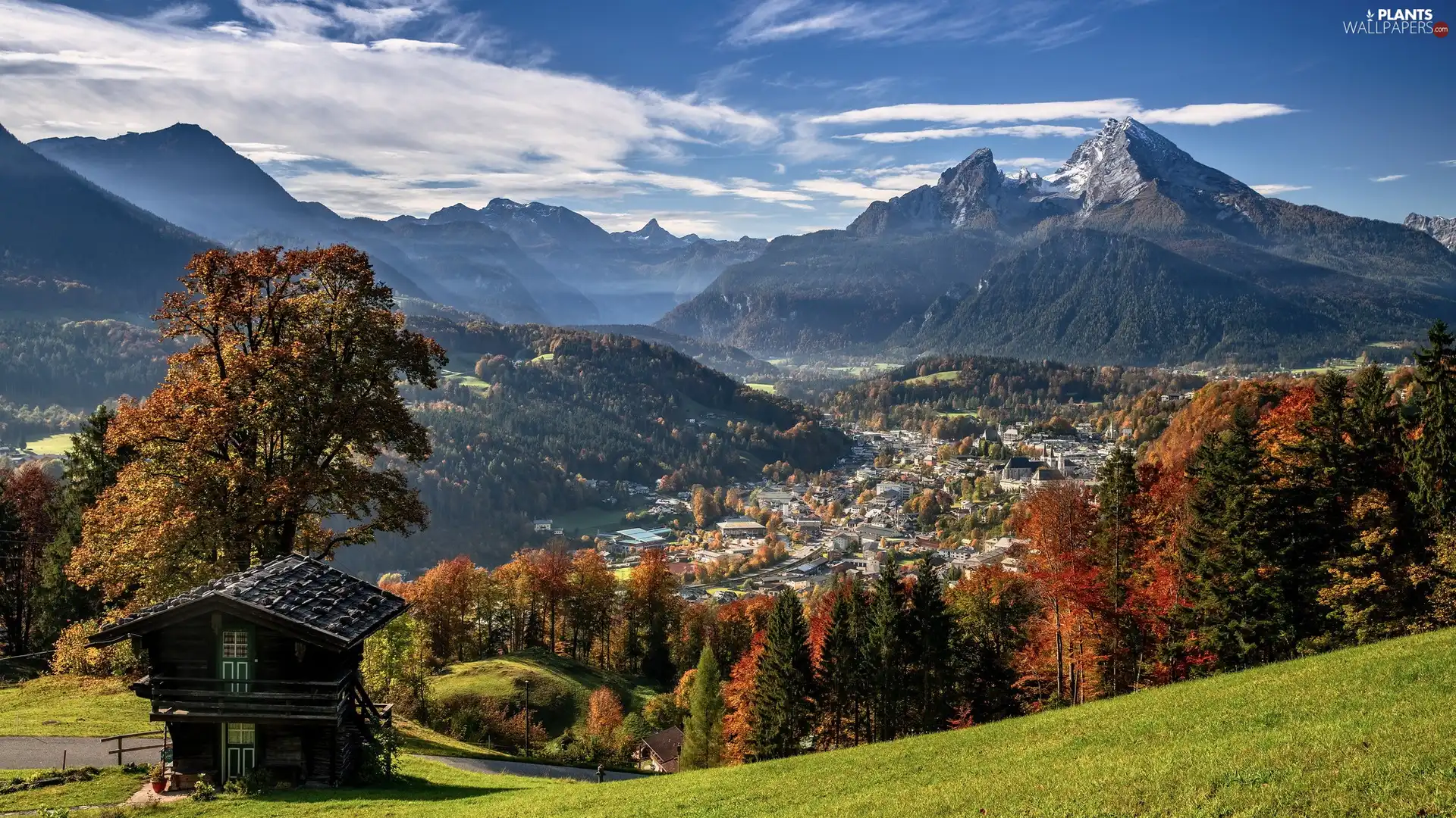 Houses, Mountains, trees, Valley, autumn, Town, viewes