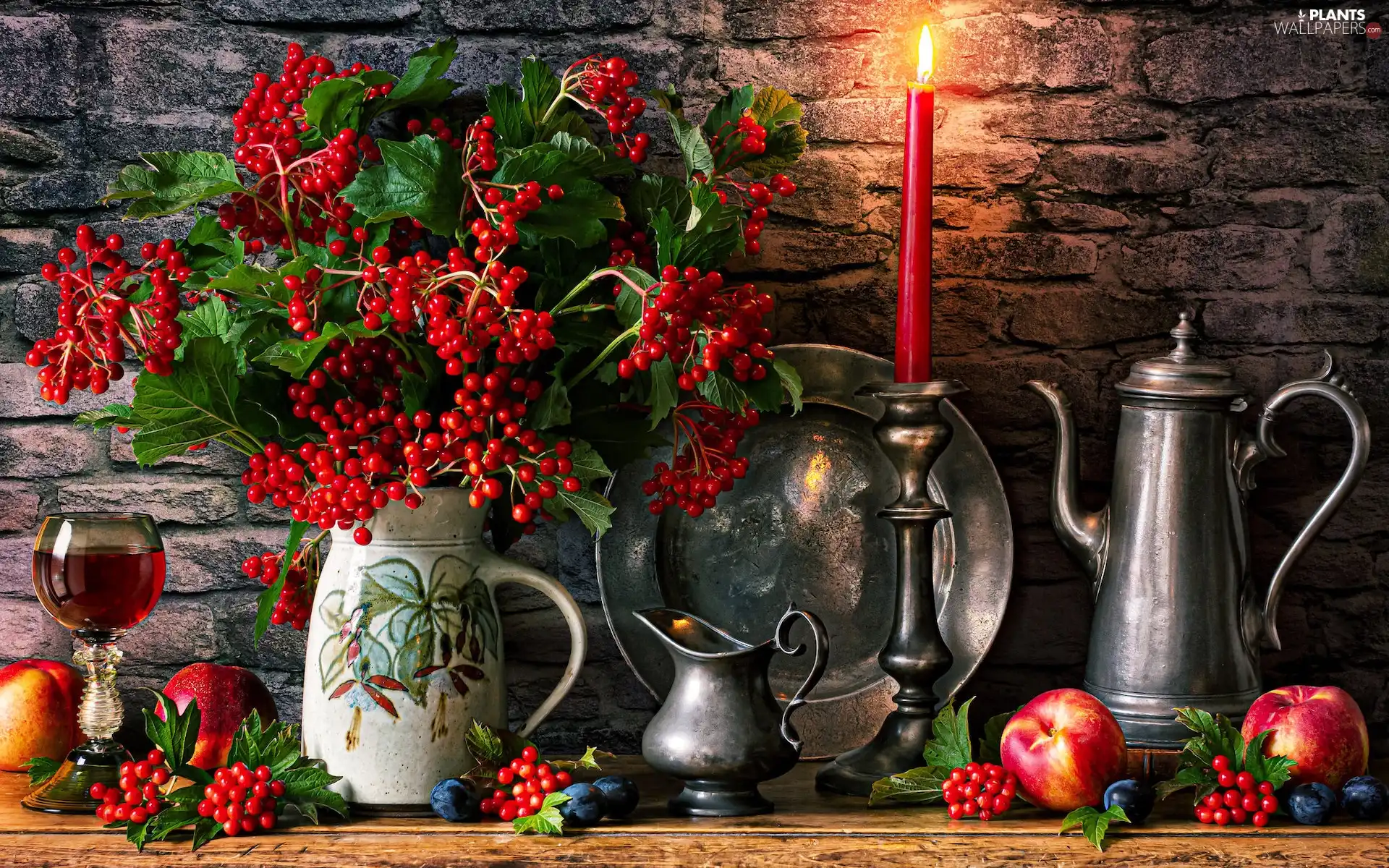 candle, bouquet, glass, Viburnum, composition, jug, apples