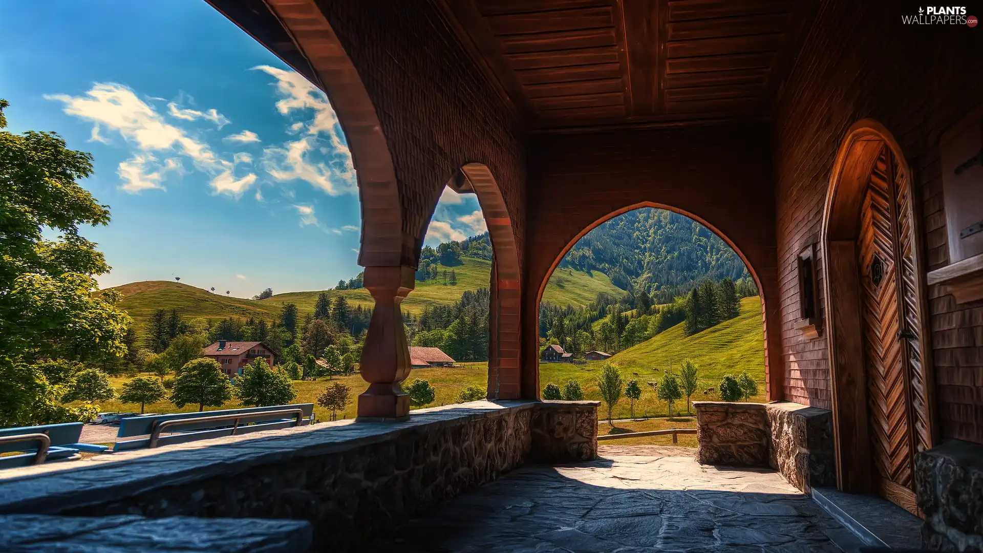 Mountains, entry, trees, Doors, house, The Hills, viewes