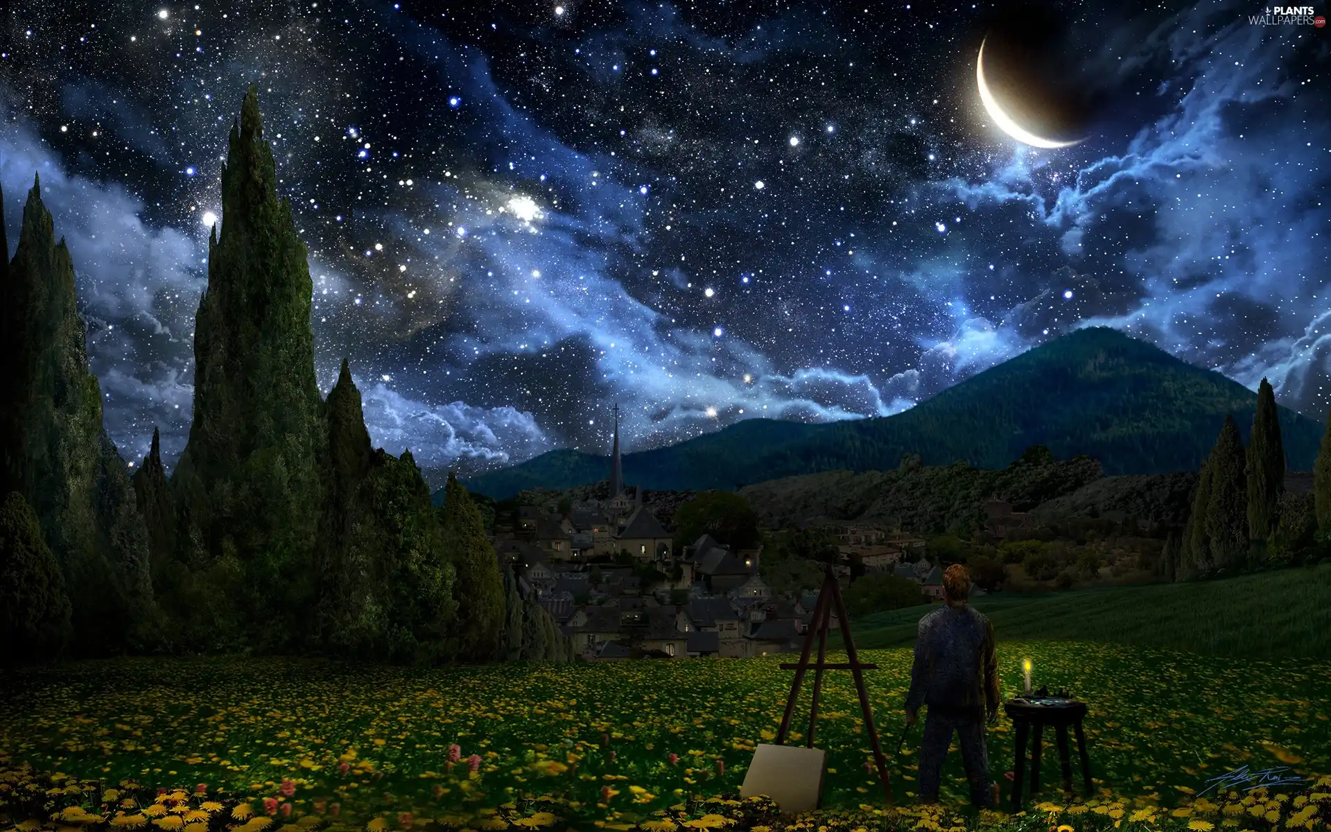 picture, trees, van, viewes, moon, Vincent, Gogh