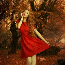 autumn, Leaf, red hot, dress, Women
