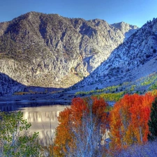 color, Mountains, viewes, White frost, trees, River