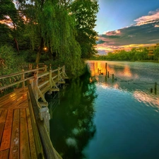 lake, Platform, Willow, Great Sunsets
