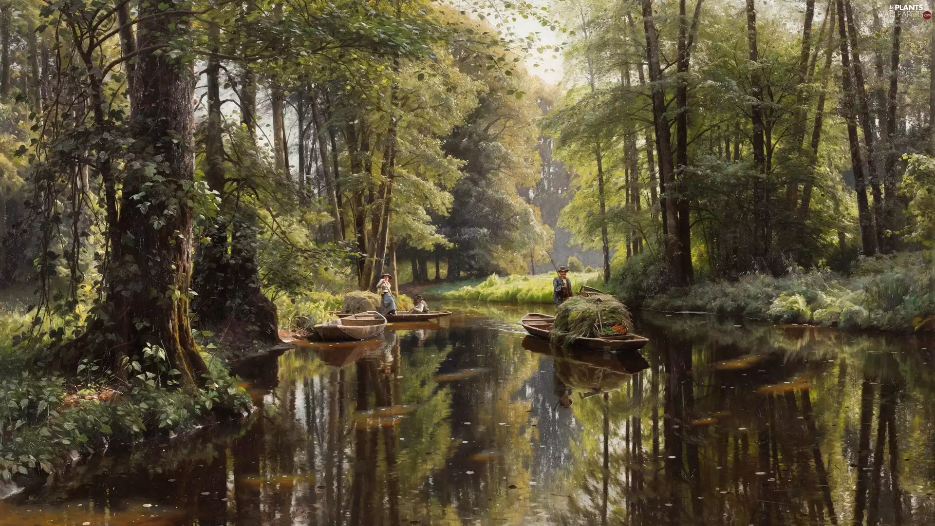 viewes, painting, River, boats, forest, picture, Peder Monsted, Spreewald 1913, People, trees