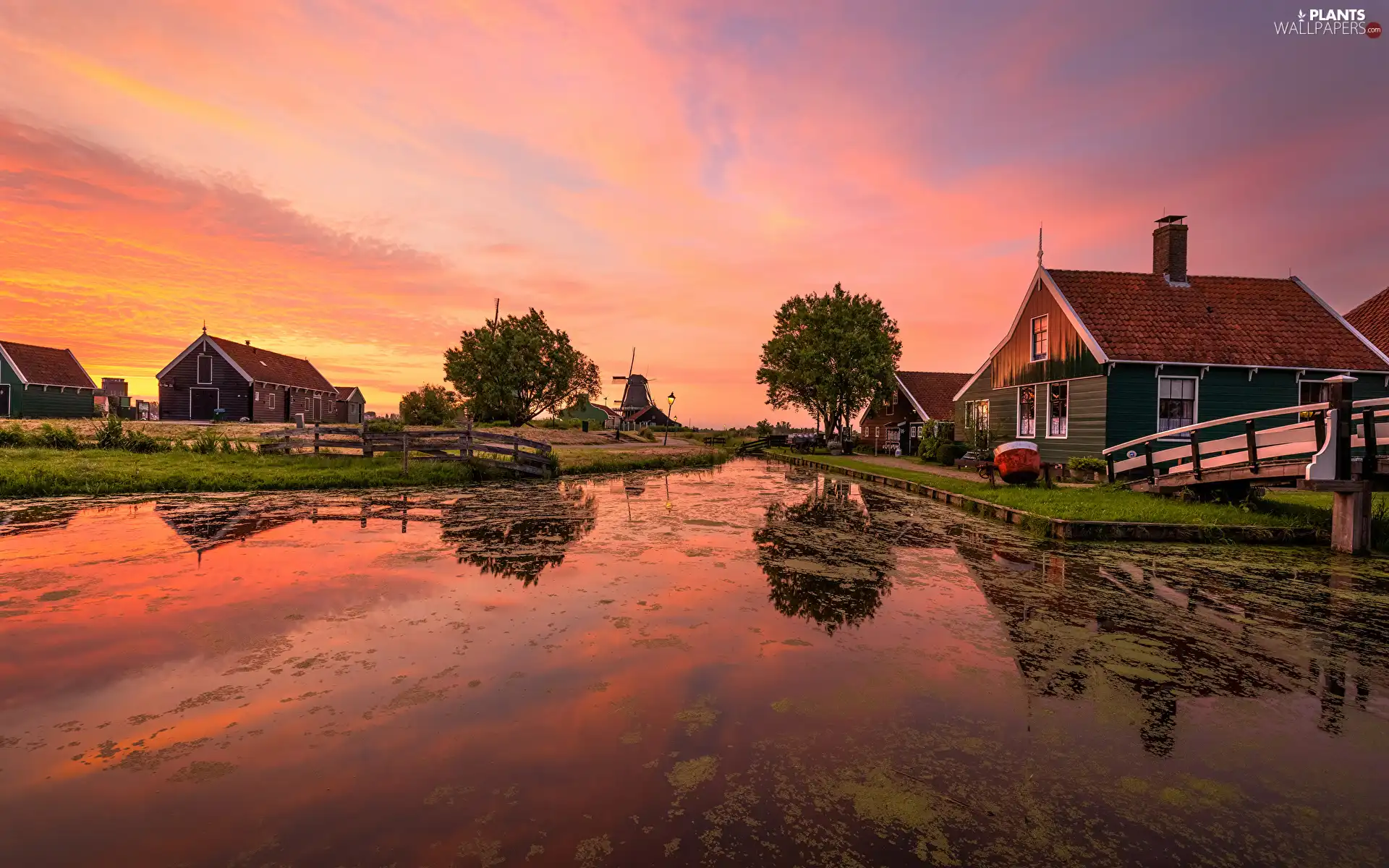 Sky, viewes, Sunrise, Zaanse Schans Open Air Museum, canal, Zaandam, trees, Houses, Netherlands, bridge, River, Windmill