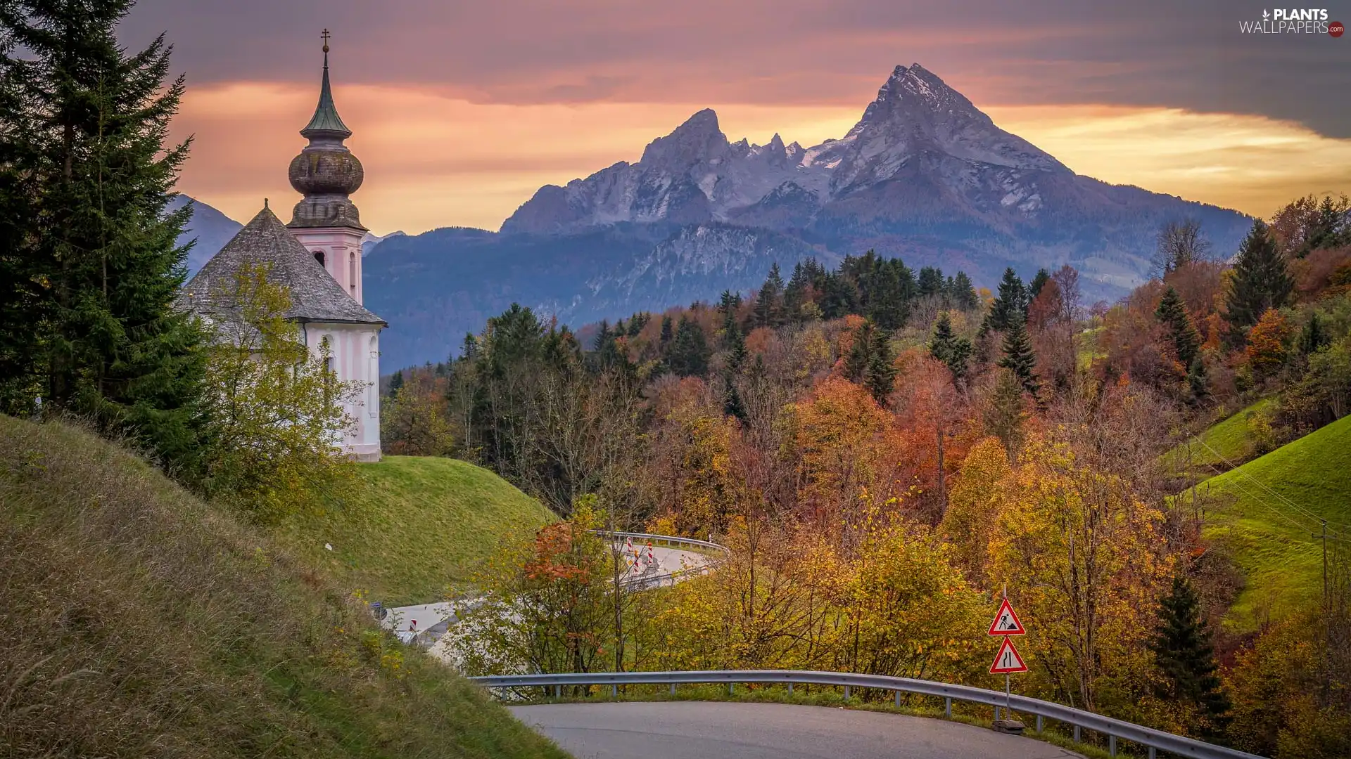trees, autumn, Way, viewes, Salzburg Slate Alps, Germany, Bavaria, Sanctuary of Maria Gern, Church, Berchtesgaden, Mountains