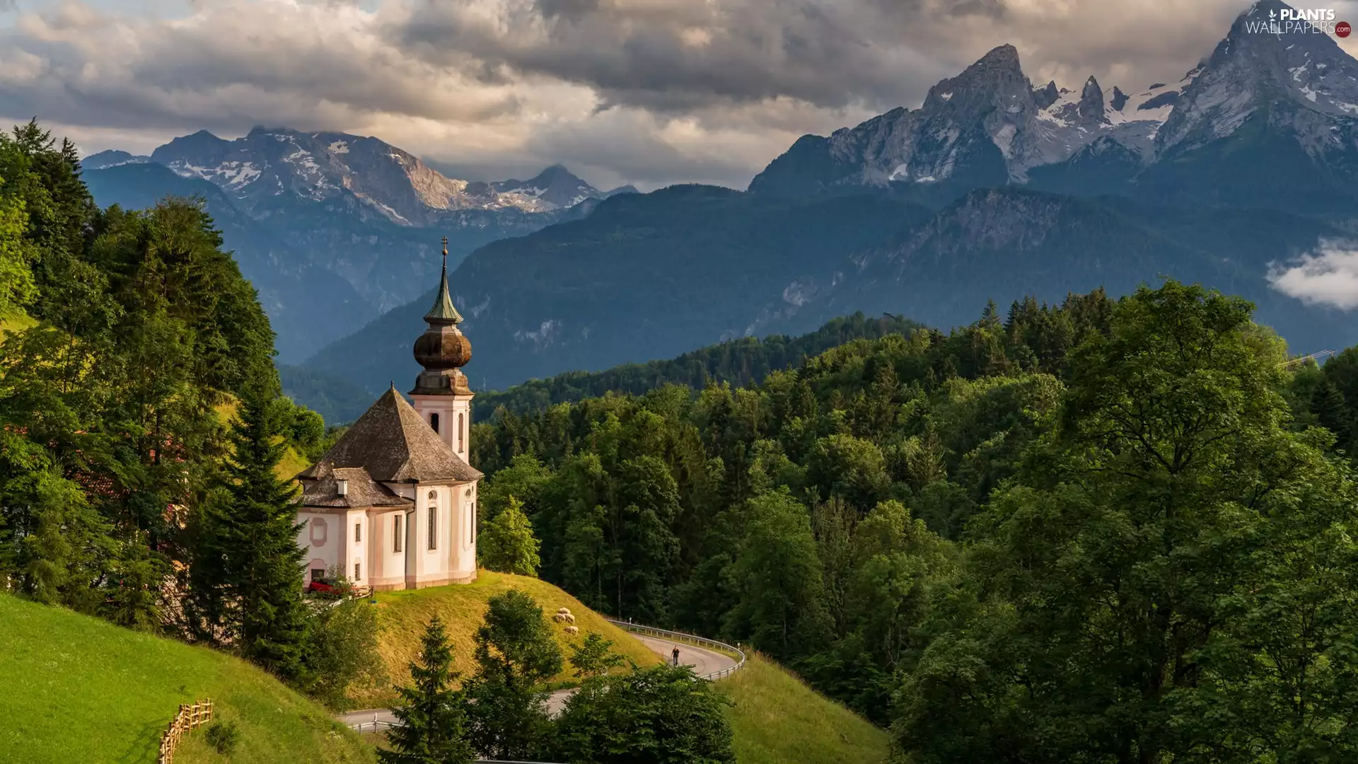 viewes, Church, Mountains, Way, Salzburg Slate Alps, Germany, Bavaria, trees, Sanctuary of Maria Gern, Berchtesgaden, clouds