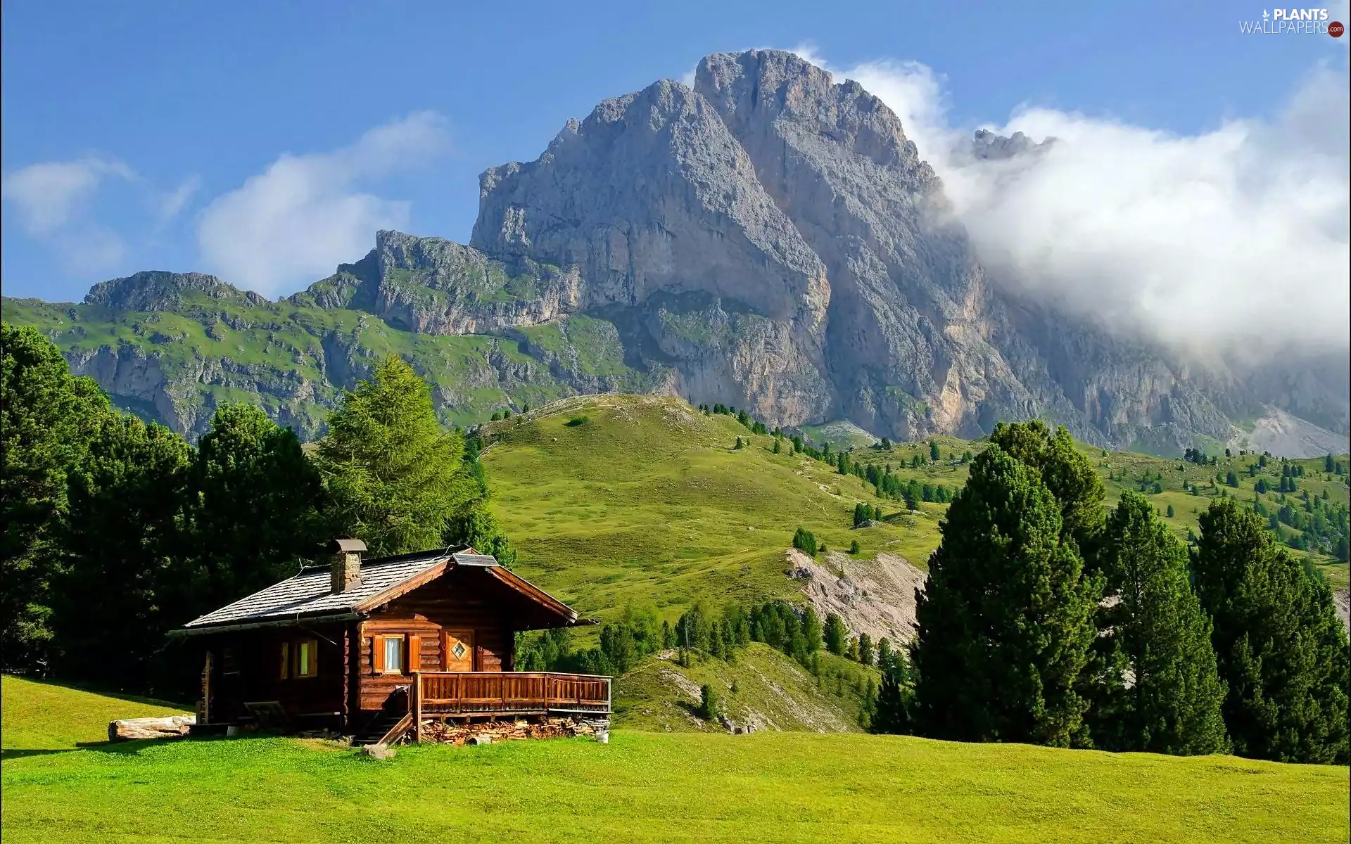 viewes, Italian, Val Gardena, wooden, medows, Alps, Valley, house, clouds, trees