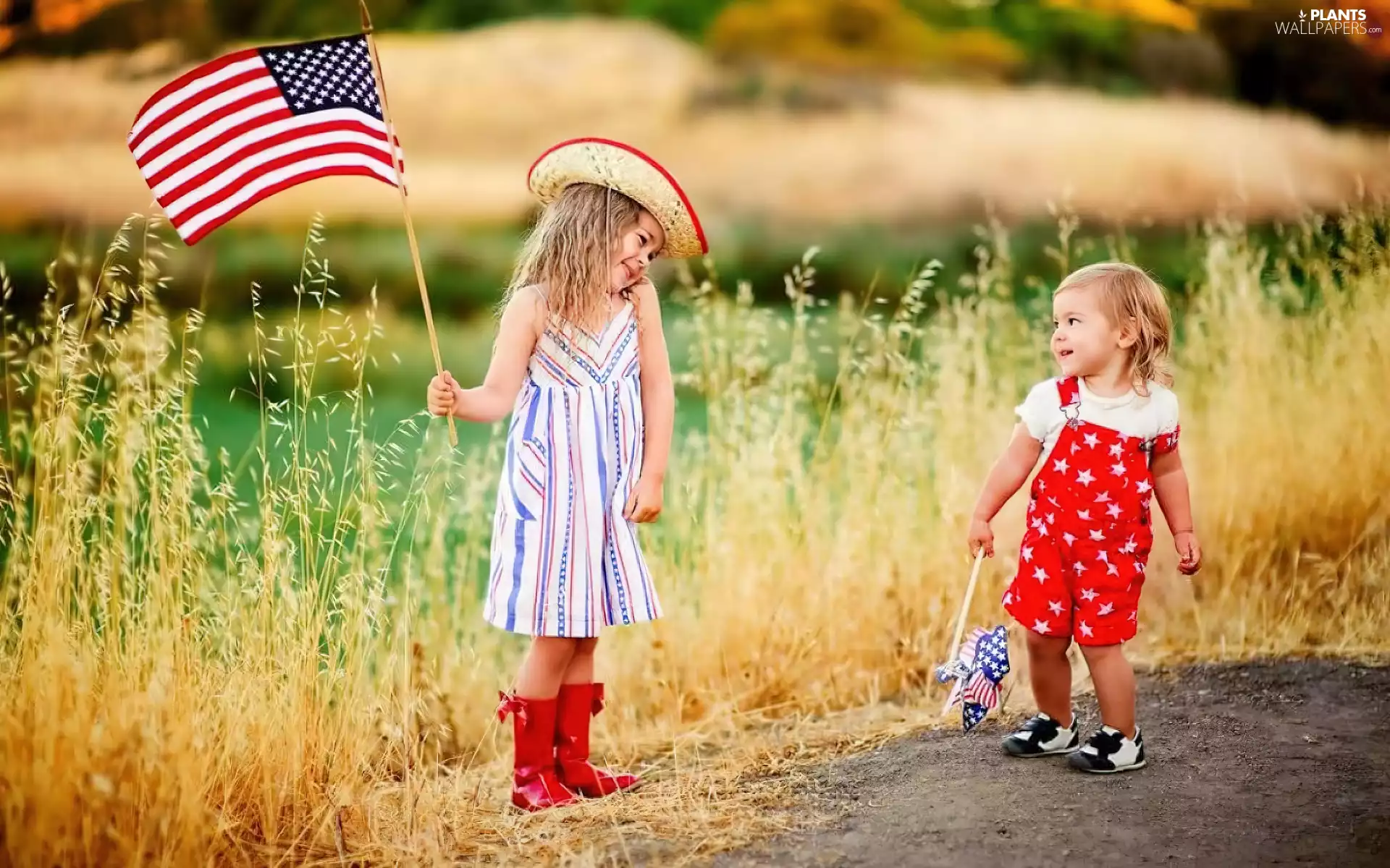 flag, American, Way, grass, Kids