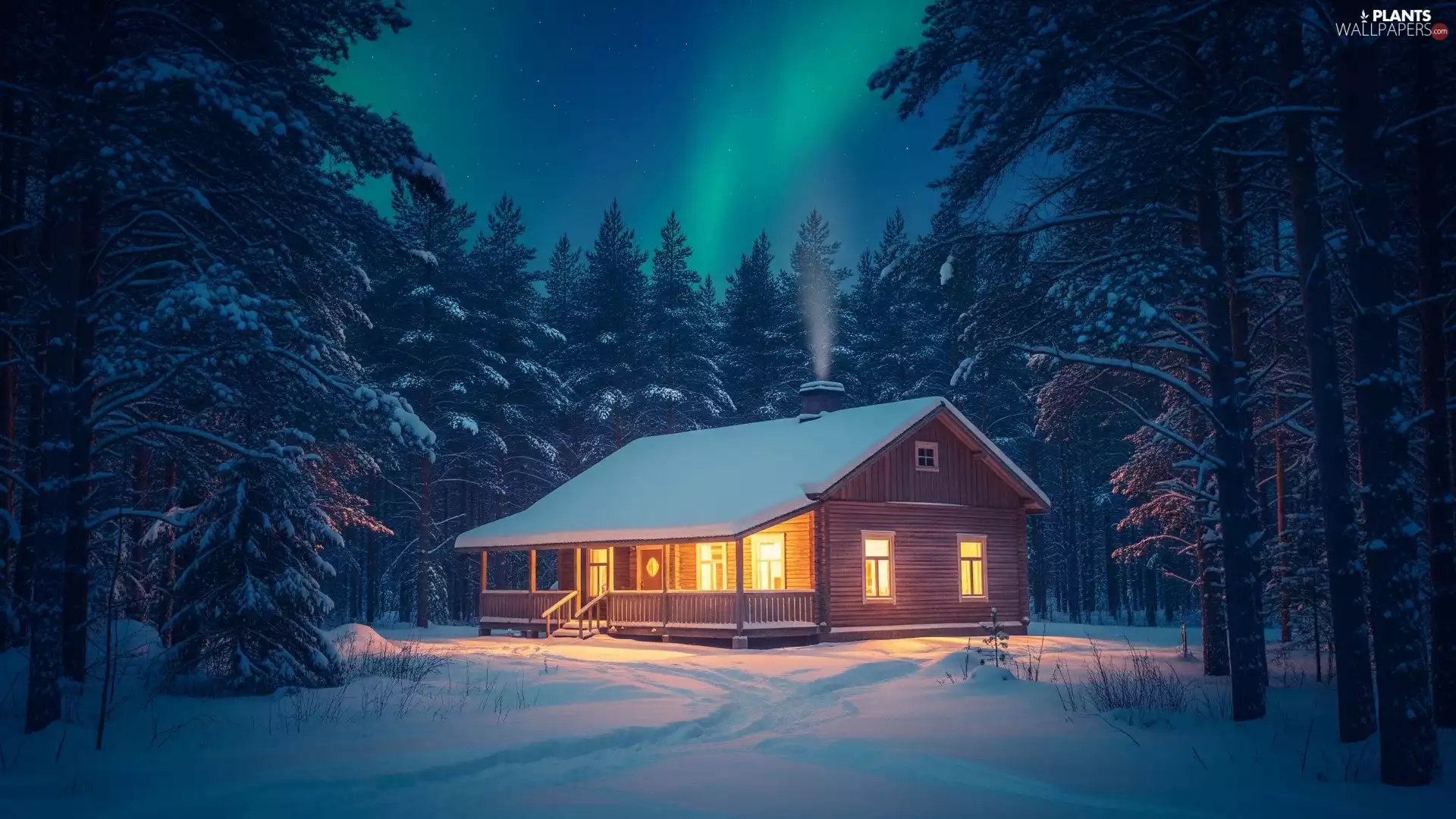 trees, winter, forest, aurora polaris, viewes, house