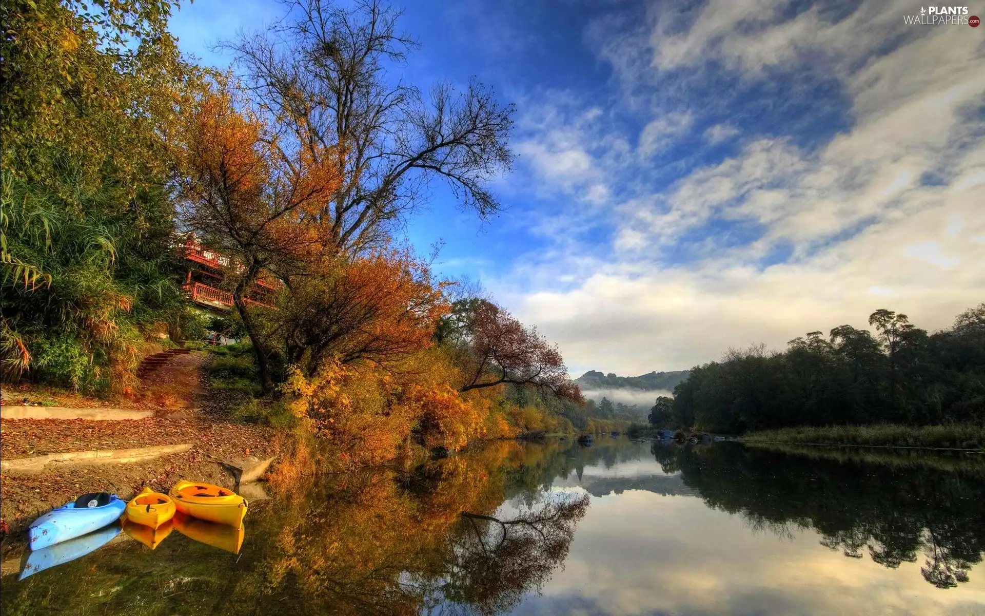 trees, River, Mountains, autumn, viewes, boats