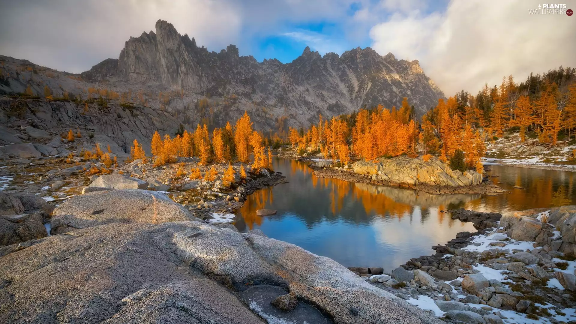 trees, lake, clouds, autumn, Mountains, viewes, Rocks