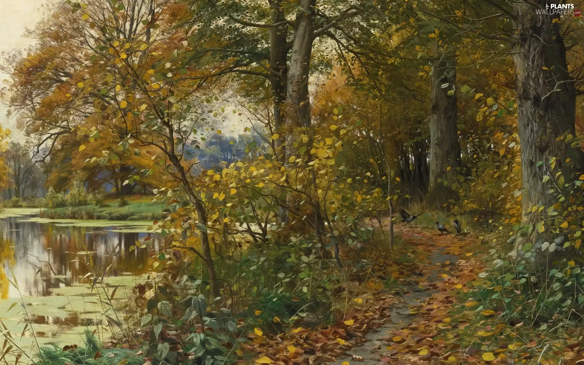 autumn, Pond - car, viewes, birds, trees, Peder Monsted, painting, Path