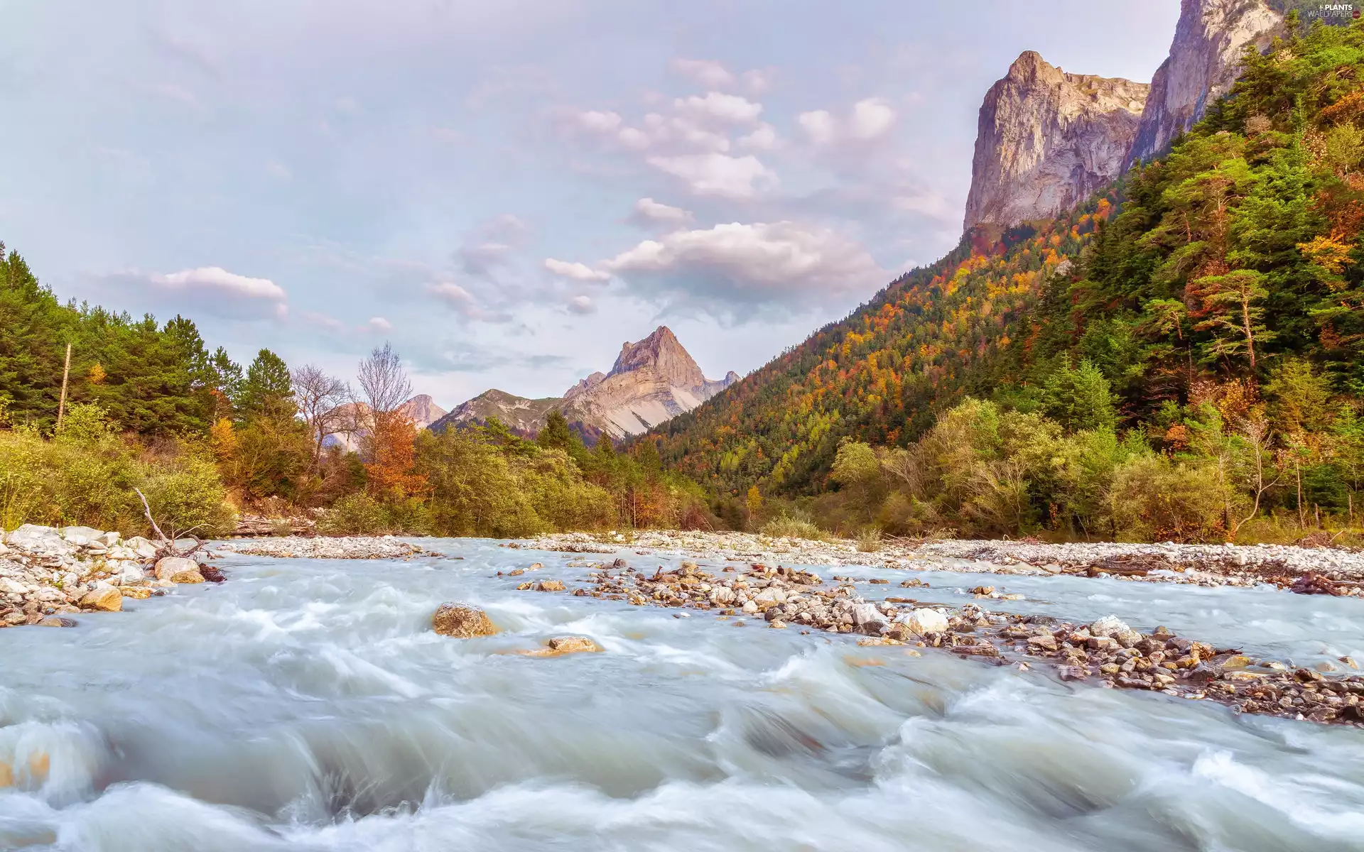 Stones, Mountains, viewes, autumn, trees, River