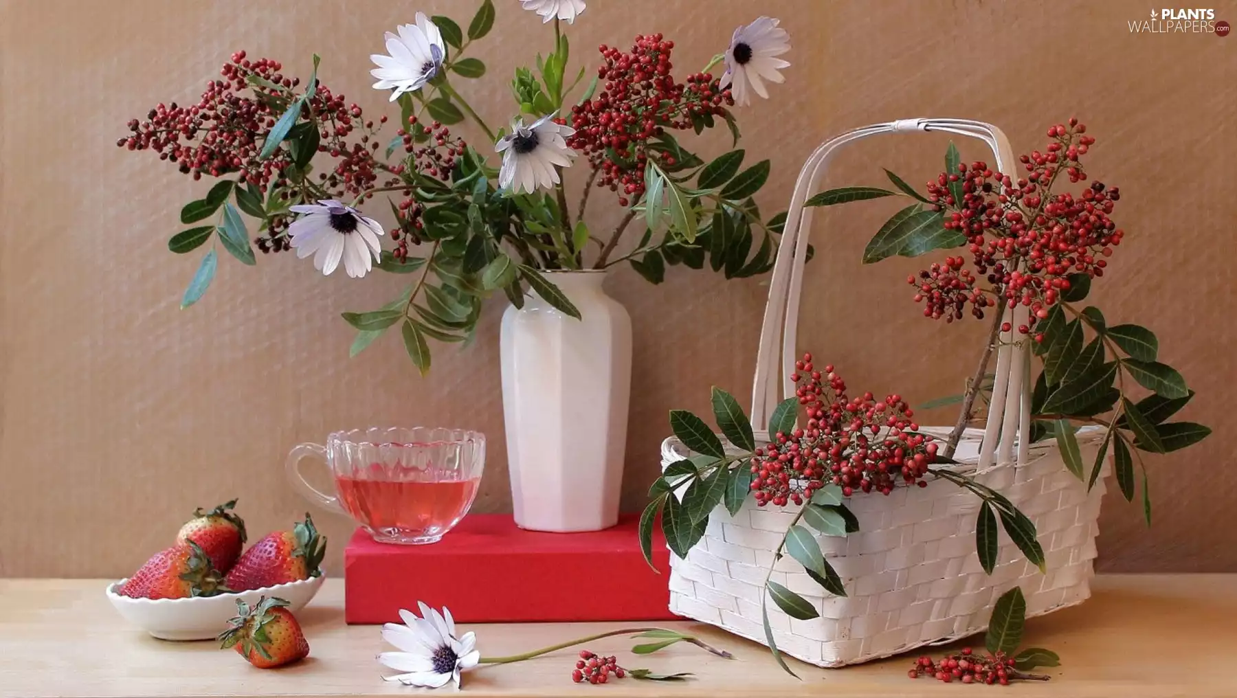 rowan, basket, strawberries, Twigs, composition