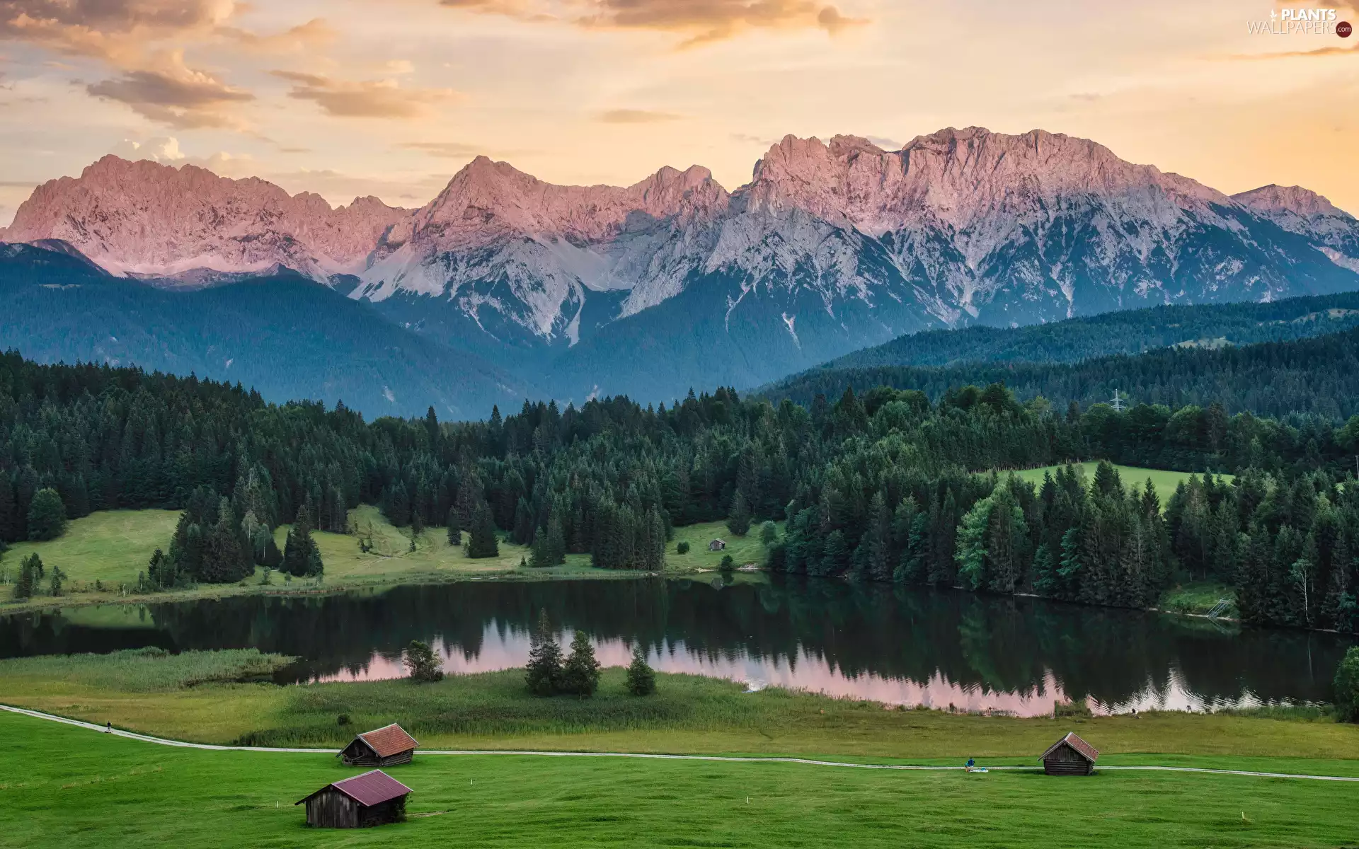 Mountains, woods, Alps, Geroldsee Lake, Houses, Bavaria, viewes, car in the meadow, Germany, trees, Sheds, grass