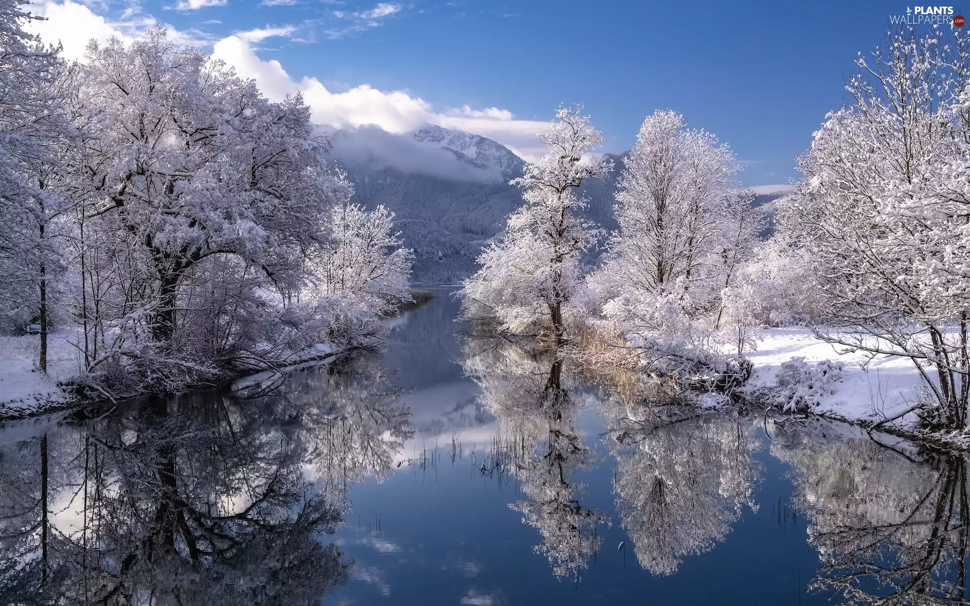 Bavaria, Germany, River, Mountains, winter, reflection, trees, viewes, Snowy