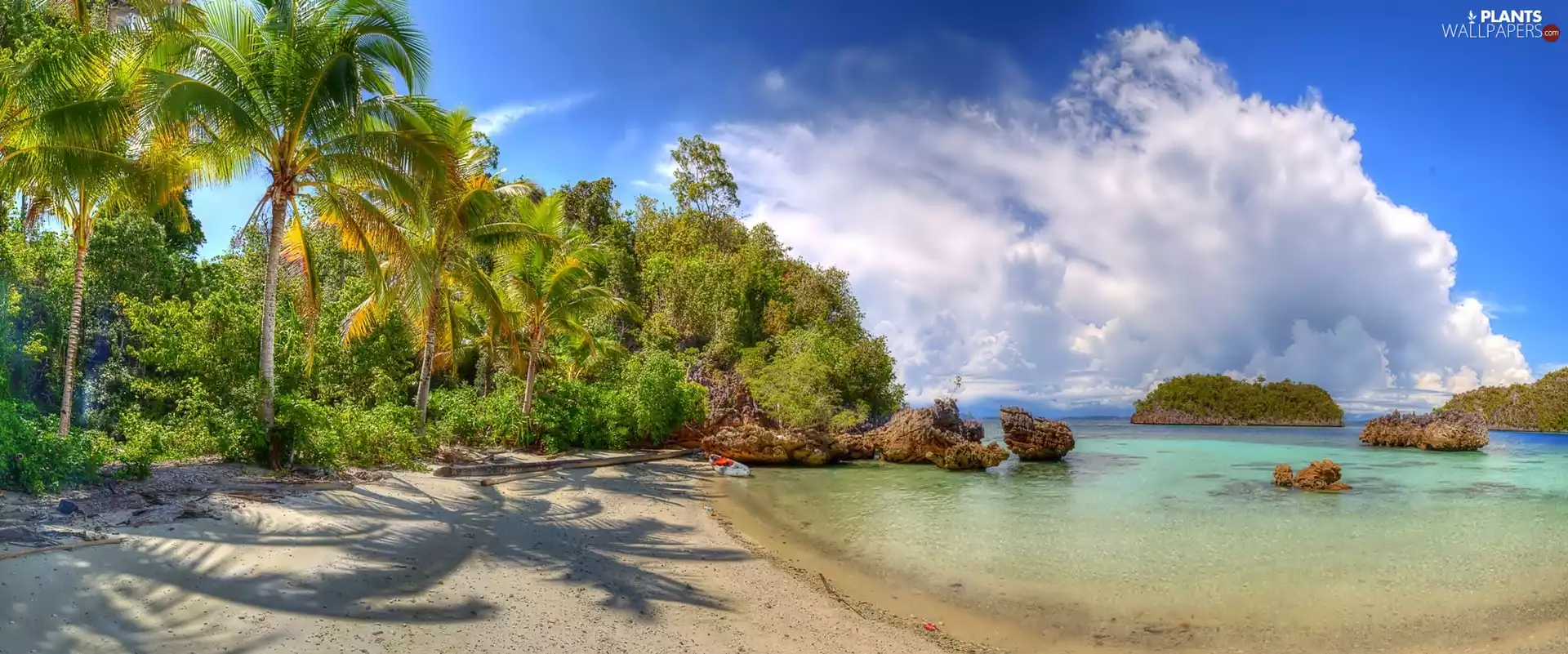 rocks, sea, Islands, Beaches, Palms, clouds