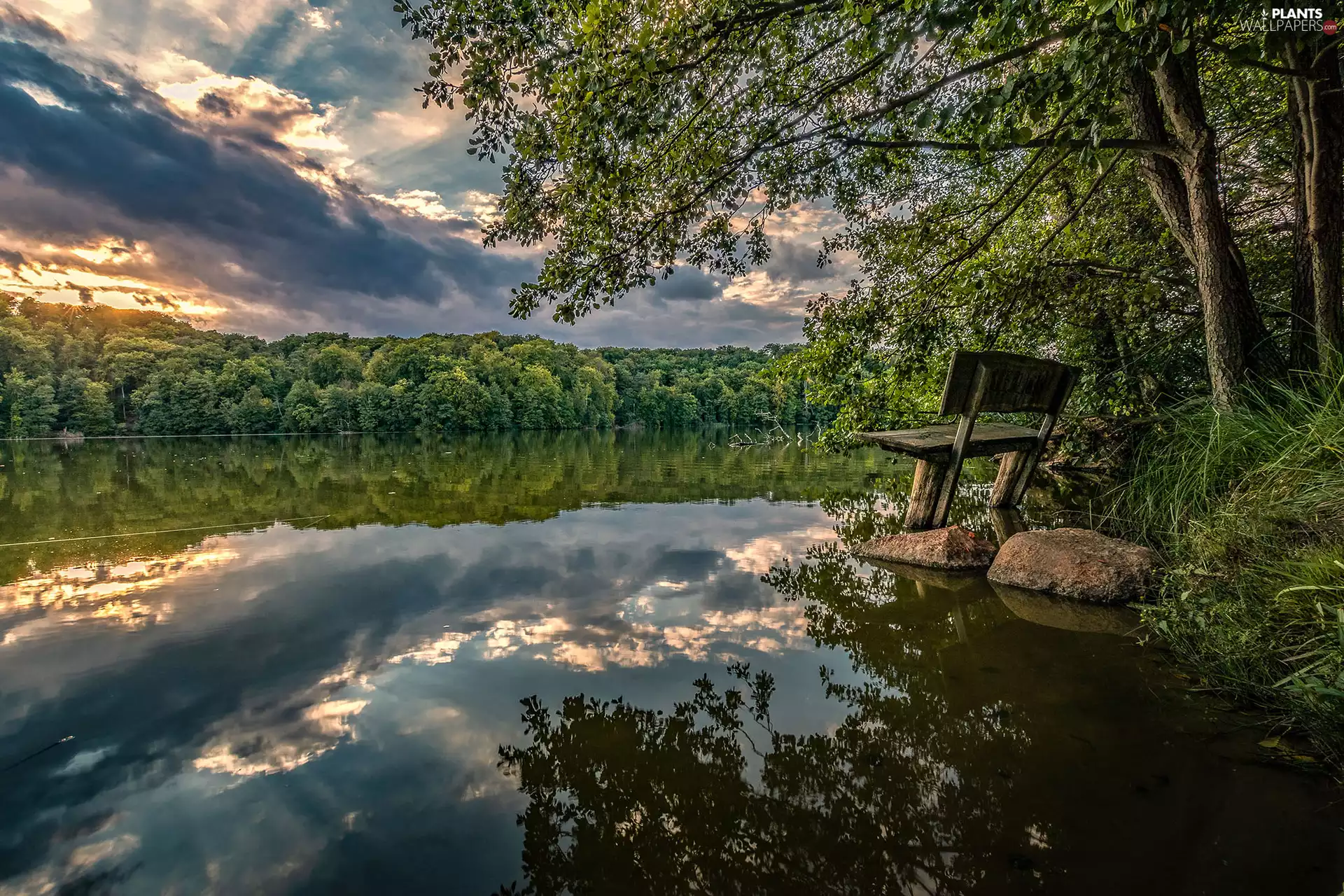 Bench, River, Stones, grass, reflection, Great Sunsets, viewes, clouds, trees