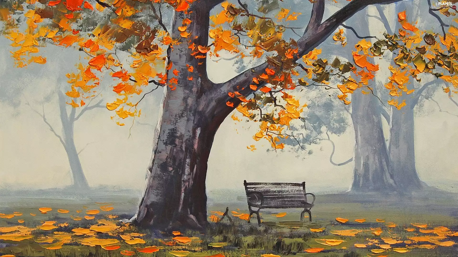 trees, Graham Gercken, Leaf, autumn, painting, viewes, Bench