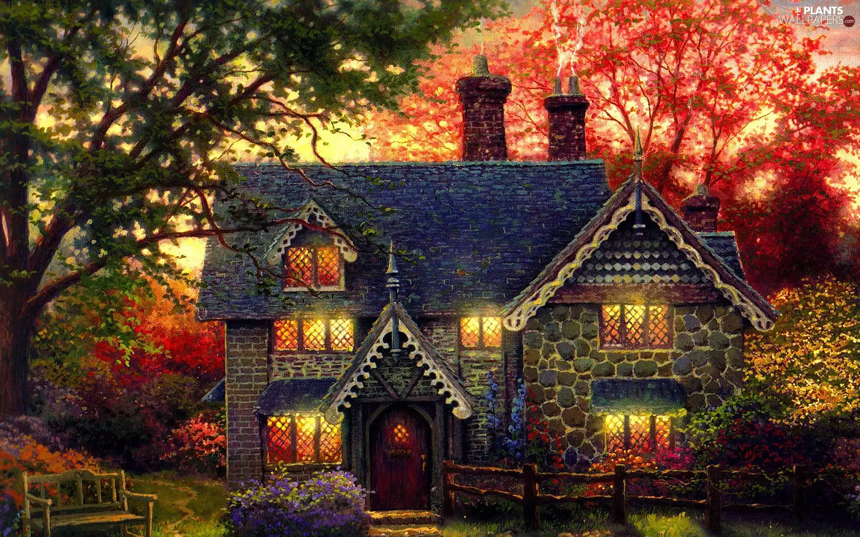 viewes, Bench, house, trees, picture