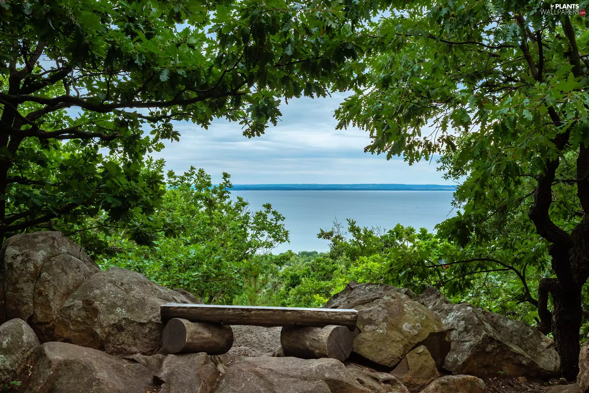 trees, viewes, Hungary, Bush, Stones, Balaton, lake, Bench
