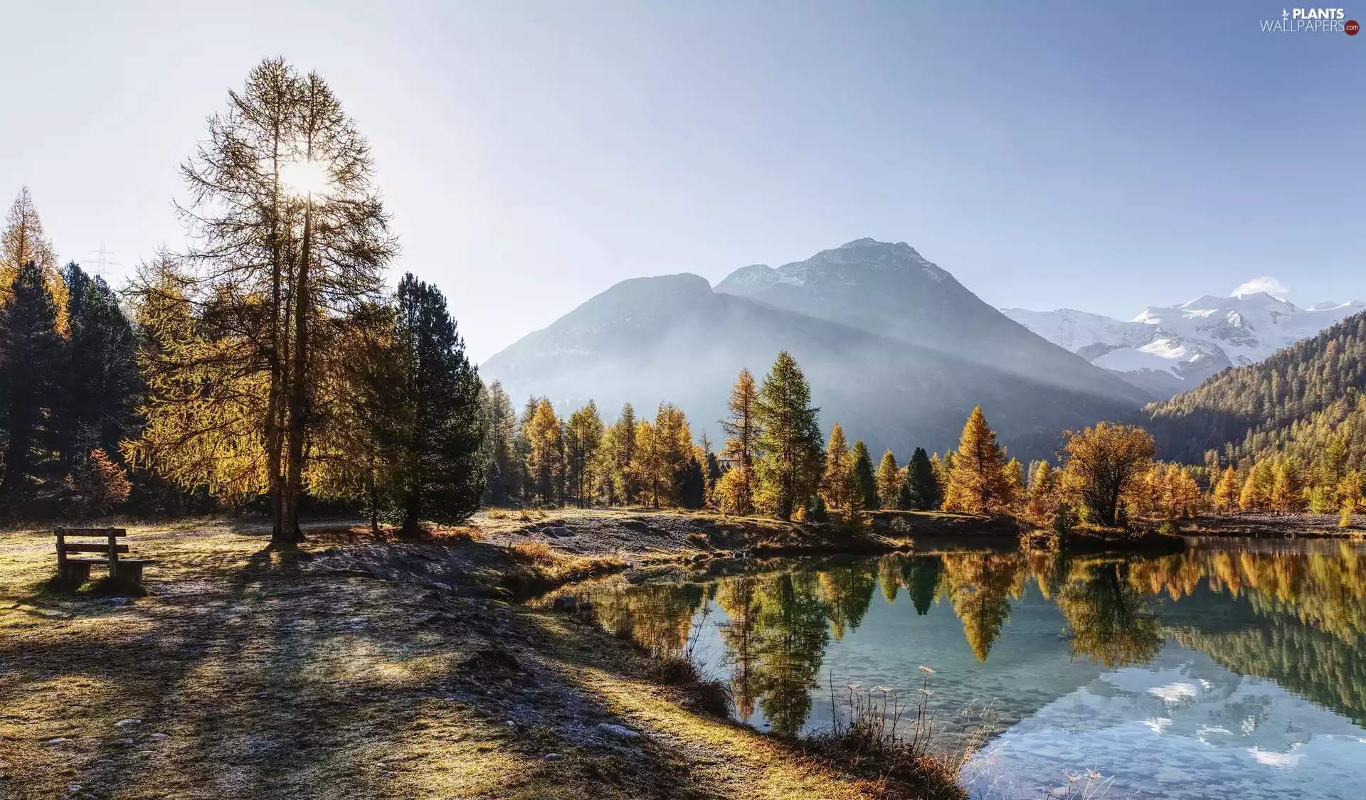 Bench, Mountains, viewes, rays of the Sun, trees, lake