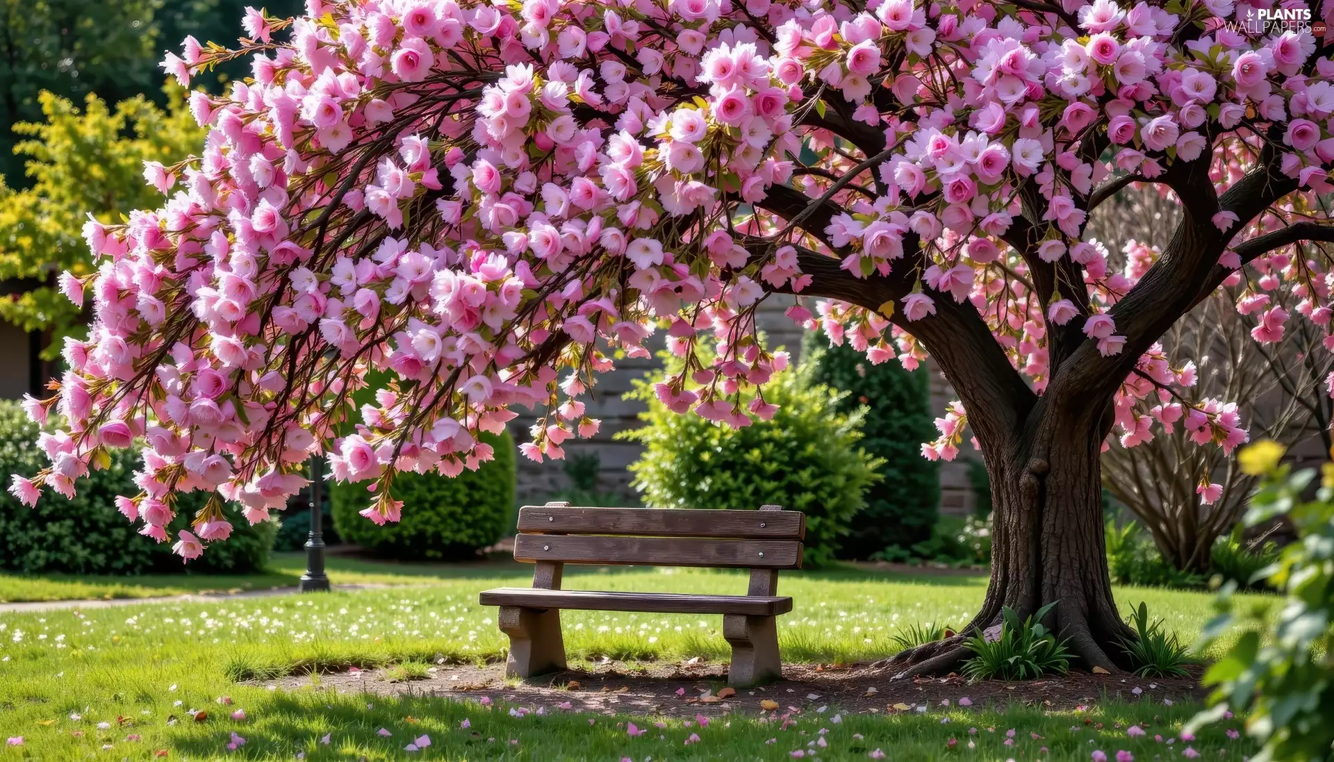 Flowers, Bench, trees, Pink, flourishing