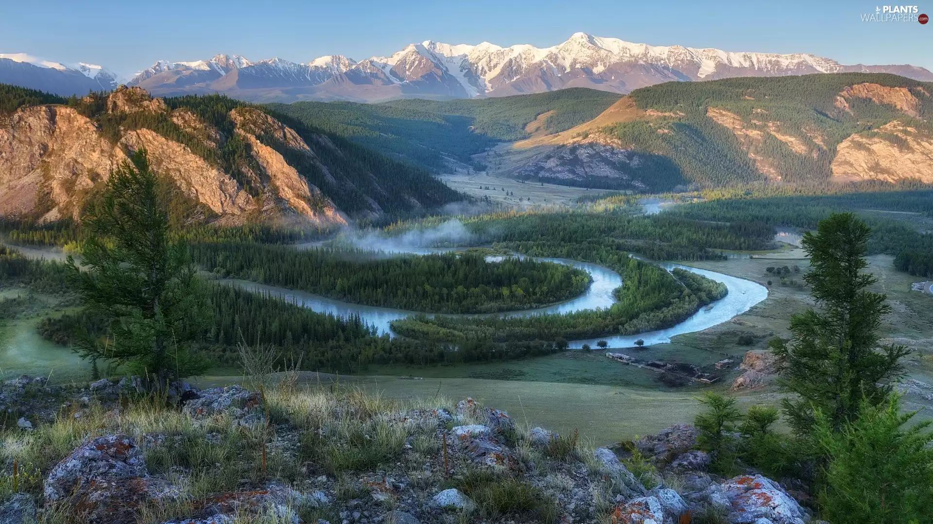rocks, River, viewes, Bend, Mountains, trees, grass