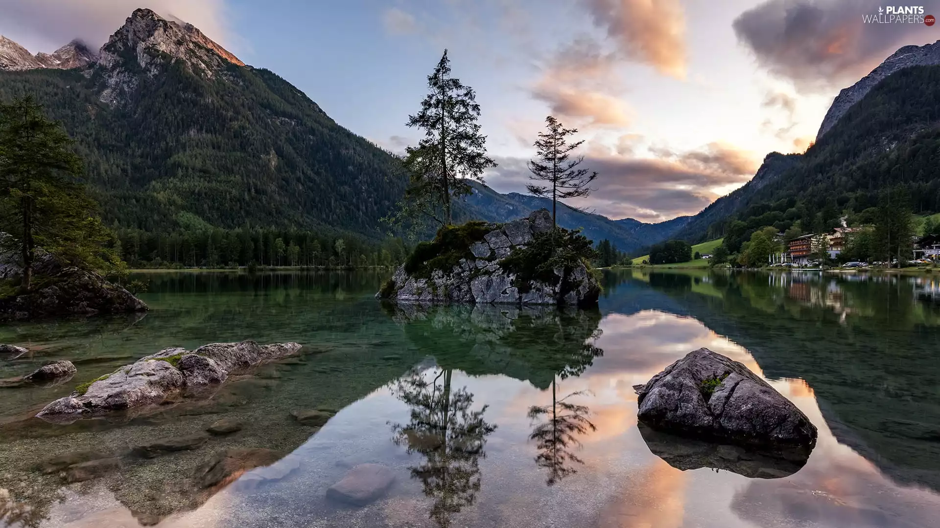 clouds, Alps, rocks, Bavaria, trees, Mountains, Lake Hintersee, Germany, Berchtesgaden Municipality, viewes