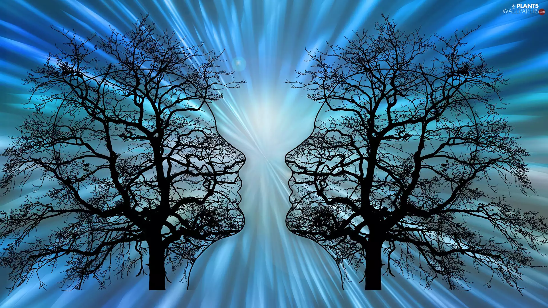 trees, graphics, faces, blue background, viewes, People