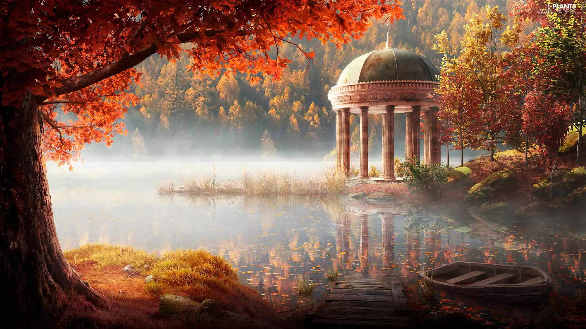 Boat, trees, Fog, viewes, column, Pond - car, autumn, Buldings