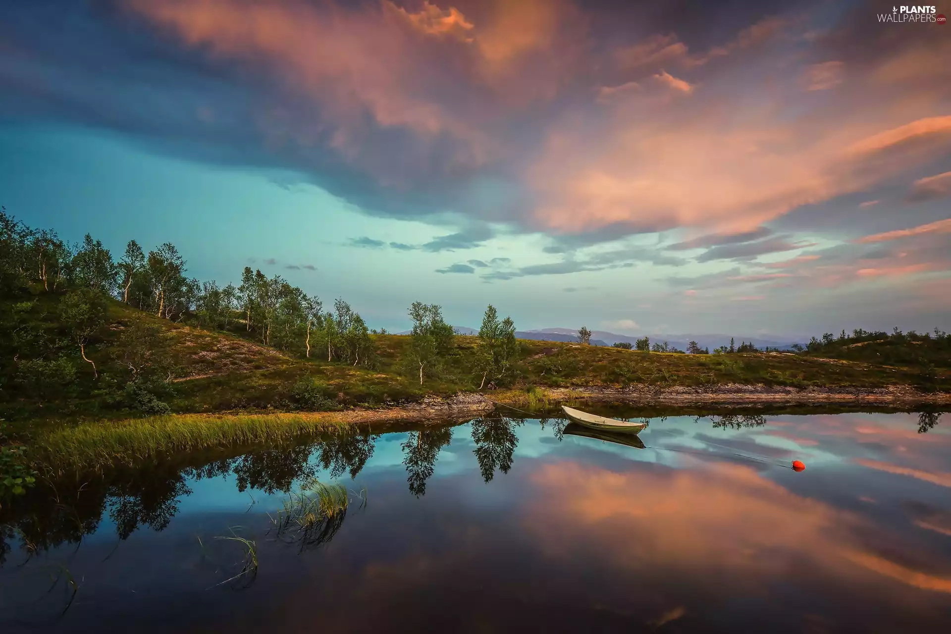 trees, clouds, lake, Boat, viewes, The Hills