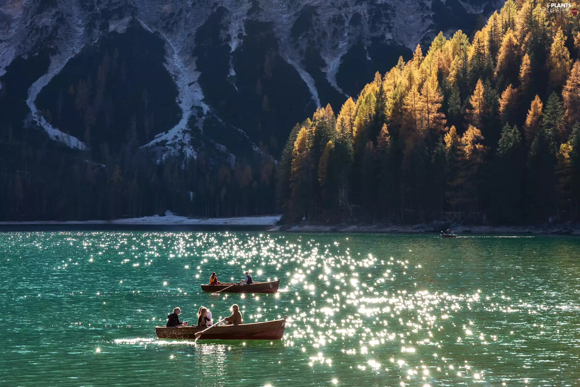 viewes, boats, lake, trees, Mountains