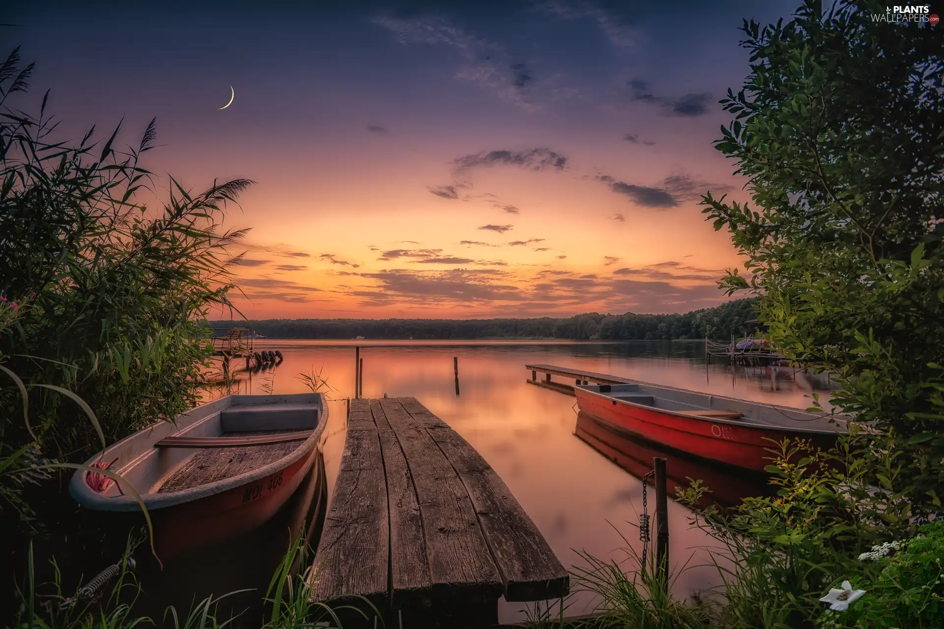 boats, lake, grass, trees, moon, Great Sunsets, Platform, Sky, viewes