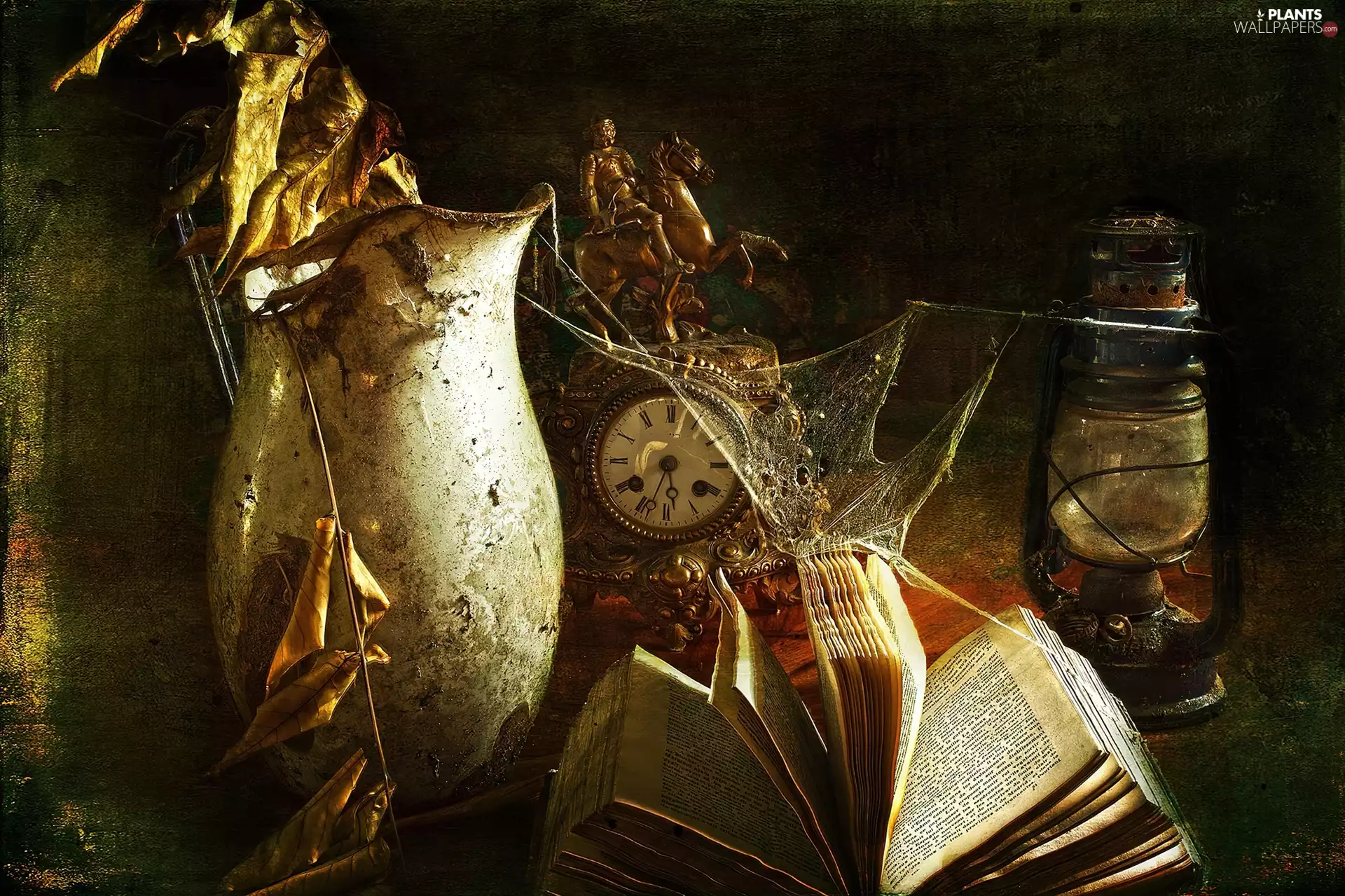 dry, Leaf, Lamp, Clock, pitcher, Web, Antiquities, Book