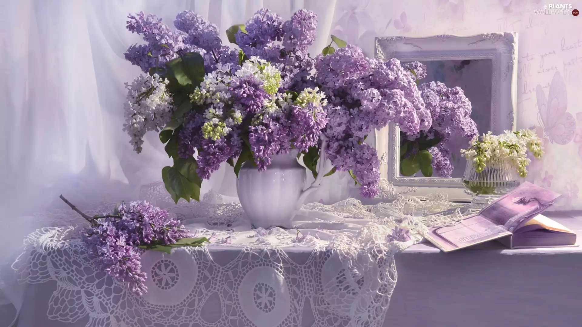 bouquet, Flowers, composition, without, mirror, tablecloth, cloth, Book, Vase