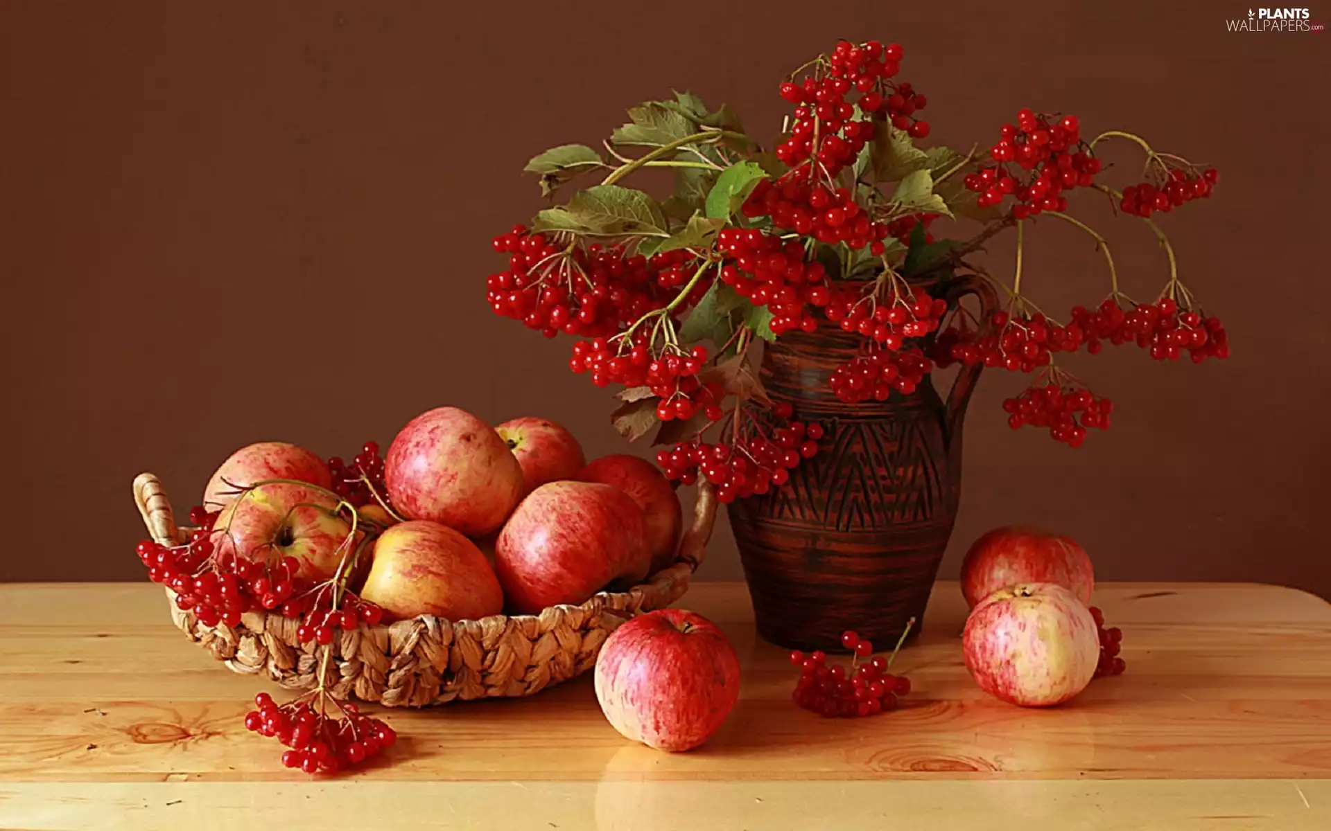 bouquet, composition, Fruits, Viburnum, wicker, basket, earthen, pitcher, apples