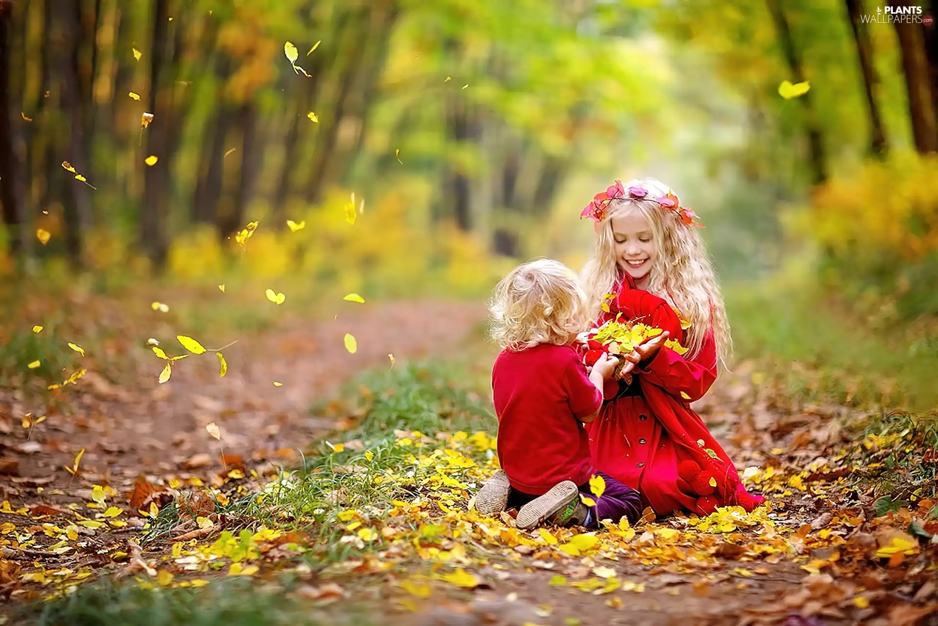 viewes, Leaf, wreath, small, girl, trees, autumn, boy